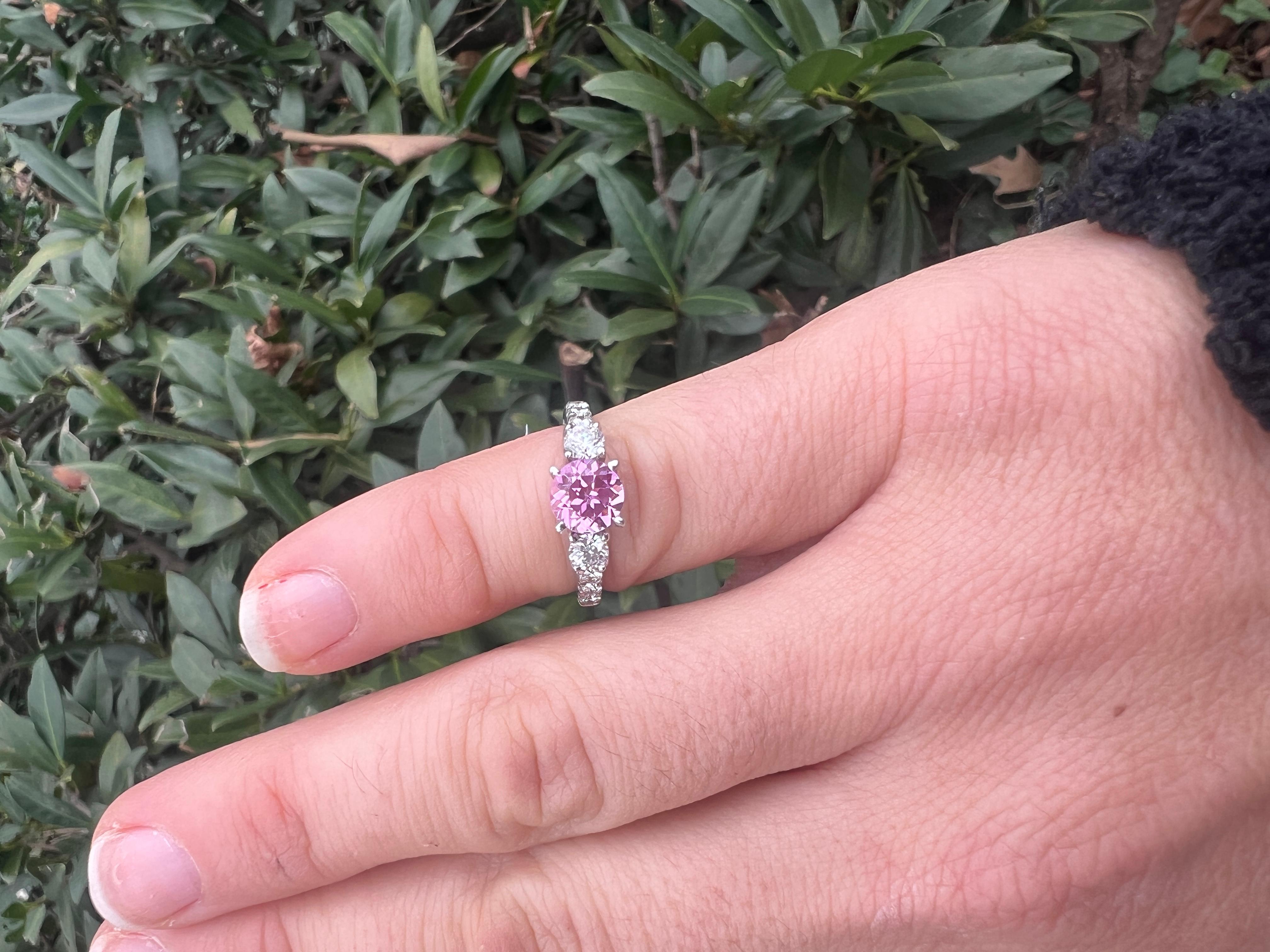Pink Sapphire Diamond Engagement Ring, 18K White Gold, Ring In Good Condition In McLeansville, NC