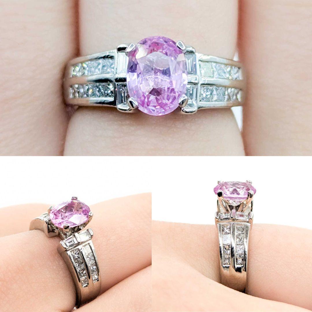 Elegant Platinum Sapphire and Diamond Fashion Ring

Introducing this beautiful Pink Sapphire & Diamond Ring, expertly crafted in platinum. The ring features a striking 1.72 carat Pink sapphire centerpiece, accompanied by a GIA report (#6234387331),