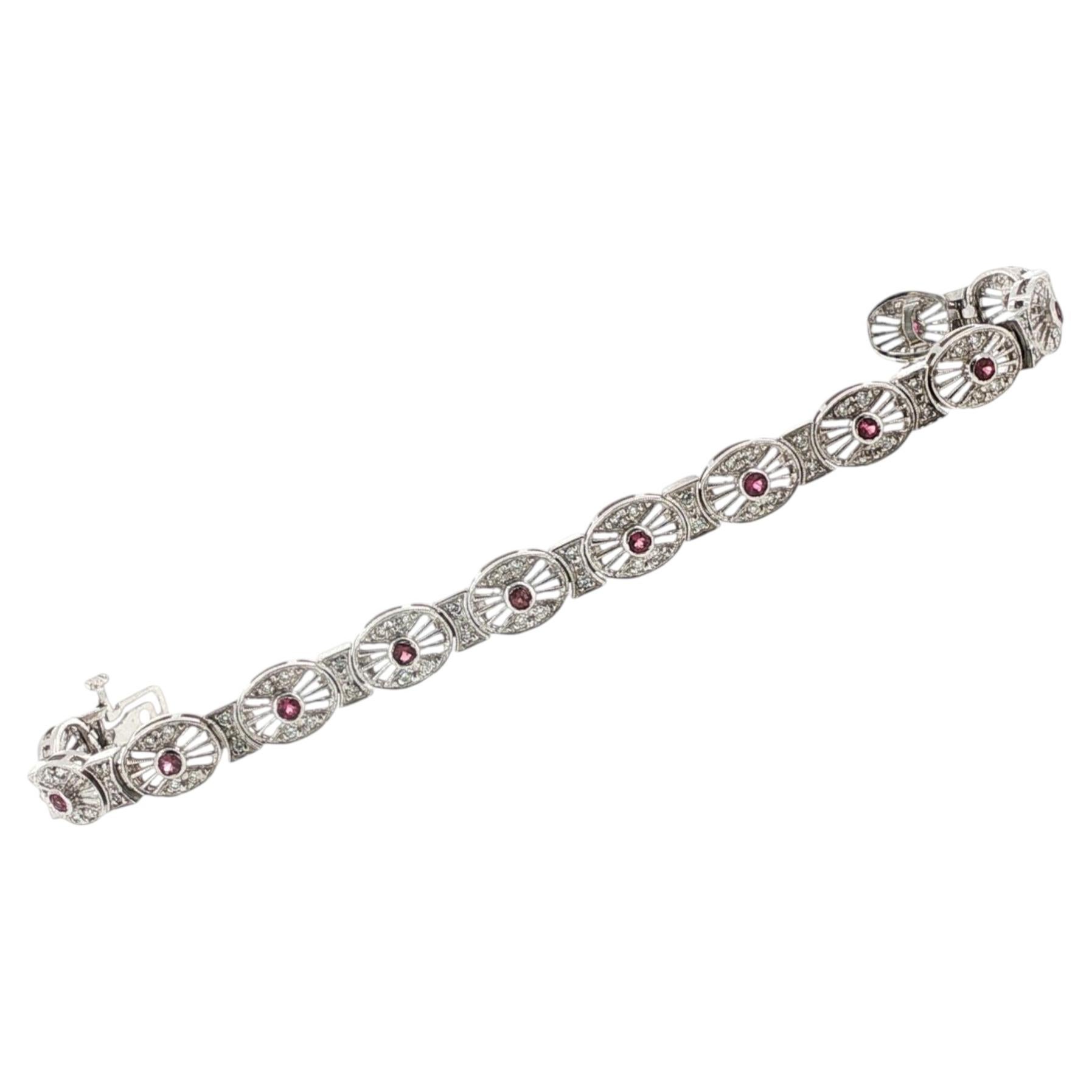 Pink Sapphire Diamond Filigree 14 Karat White Gold Link Bracelet