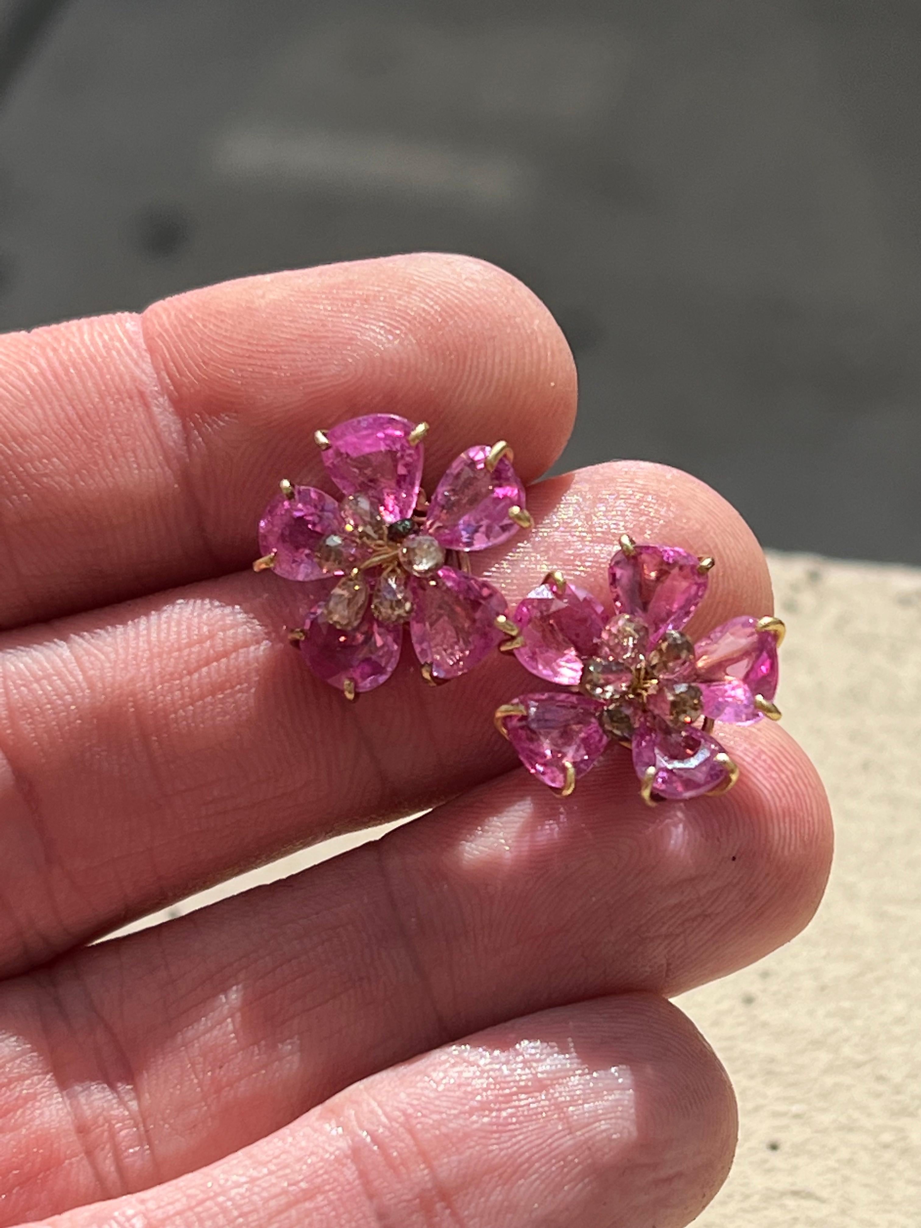 Pear Cut Pink Sapphire & Diamond Floral Earrings 18k Yellow Gold For Sale