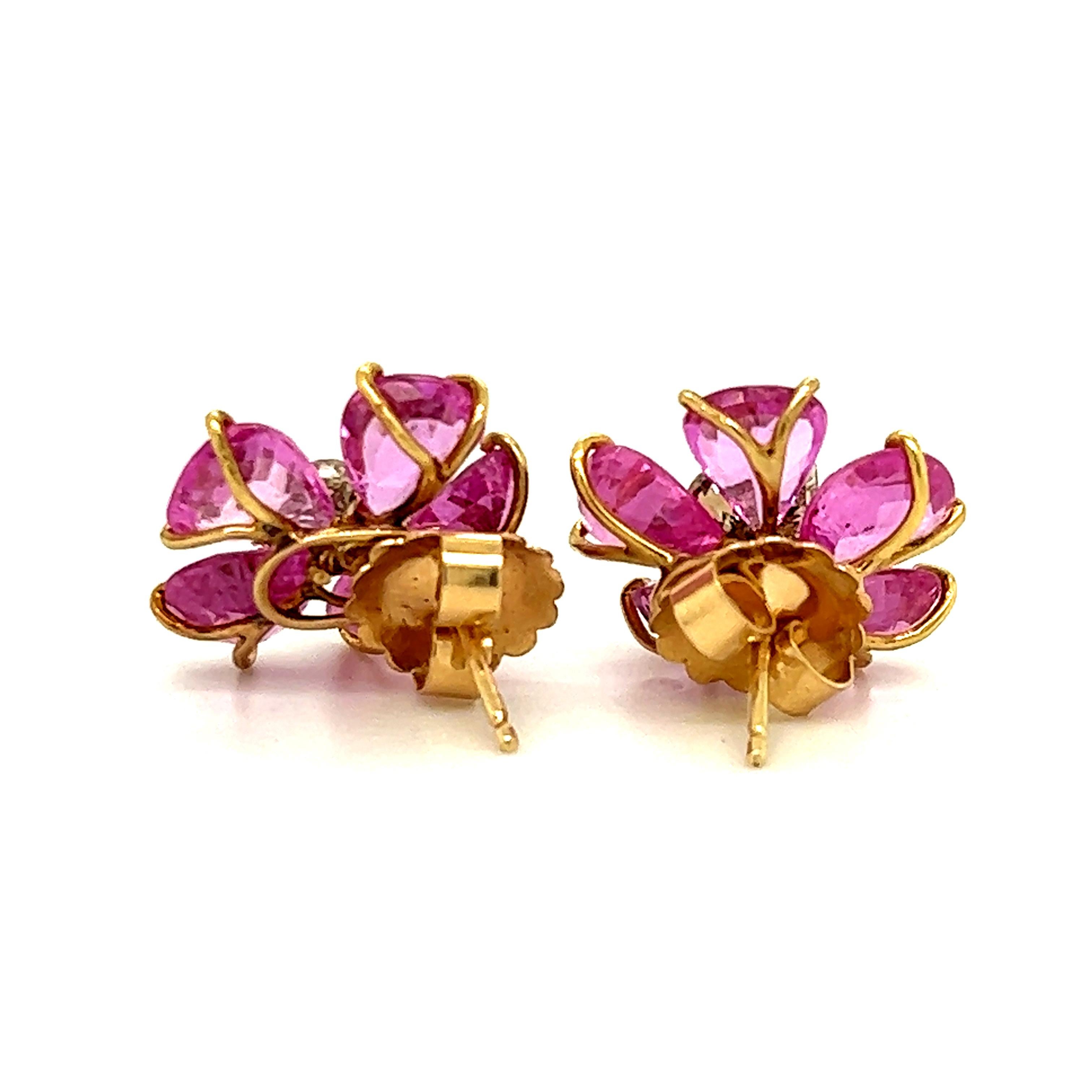 Pink Sapphire & Diamond Floral Earrings 18k Yellow Gold In Excellent Condition For Sale In MIAMI, FL