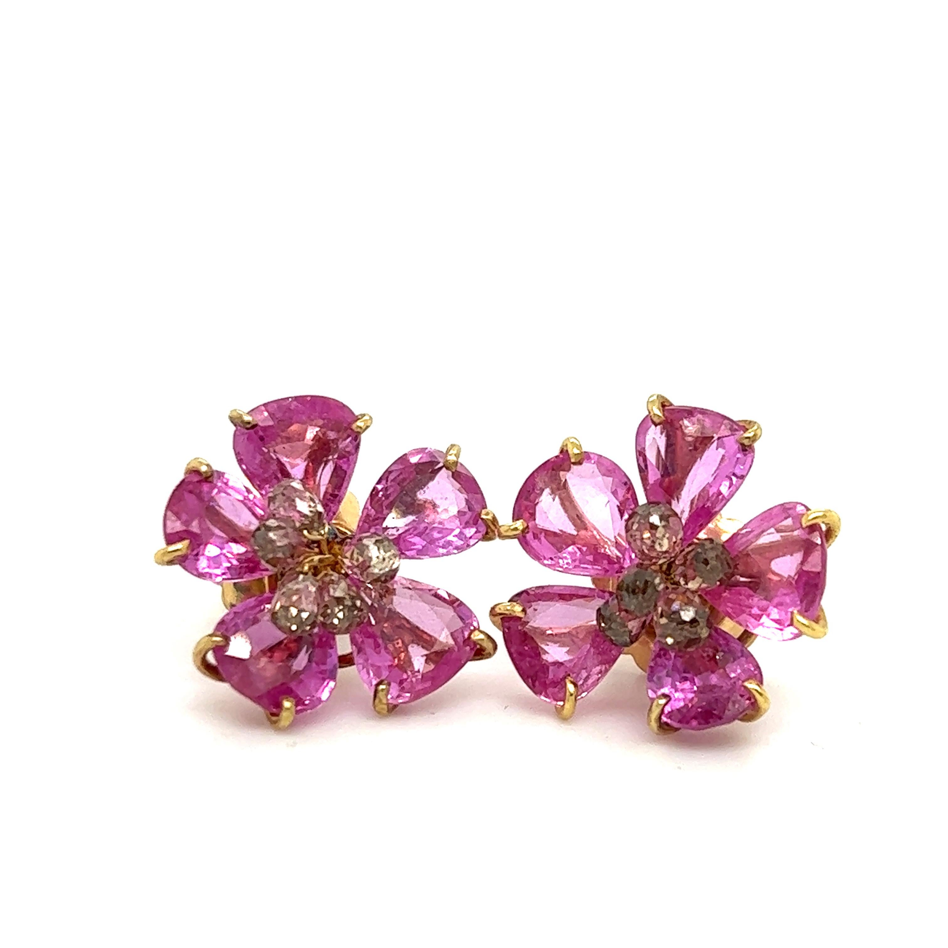 Women's or Men's Pink Sapphire & Diamond Floral Earrings 18k Yellow Gold For Sale