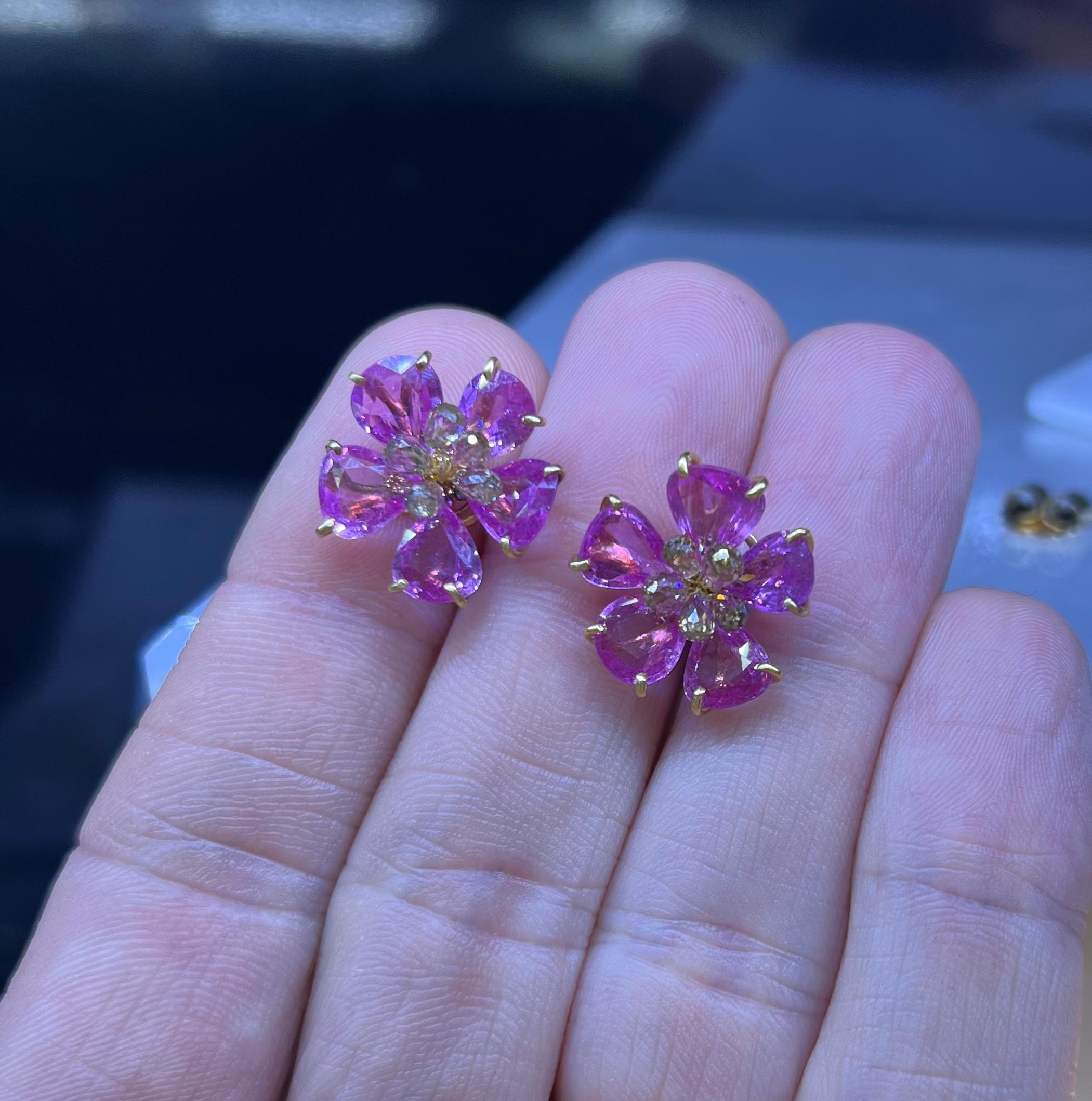 Pink Sapphire & Diamond Floral Earrings 18k Yellow Gold For Sale 2