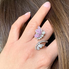Pink Sapphire Diamond Flower Butterfly Engagement 18 Karat White Gold Ring