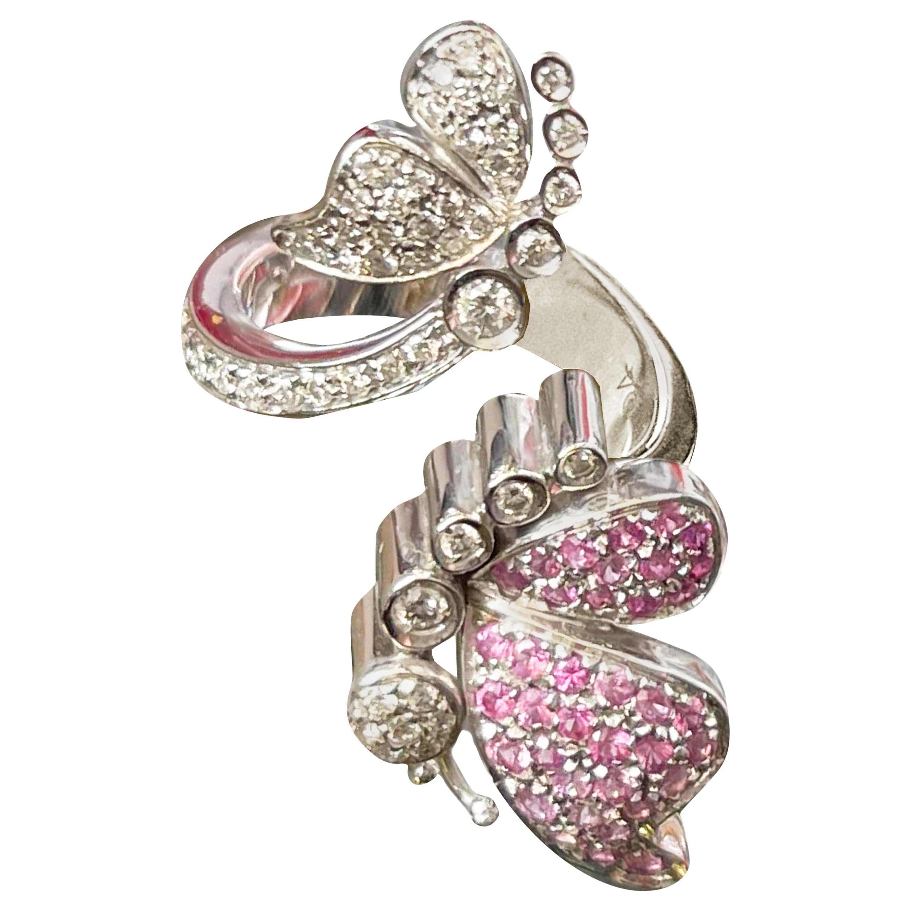 Pink Sapphire Diamond Flower Butterfly Engagement 18 Karat White Gold Ring