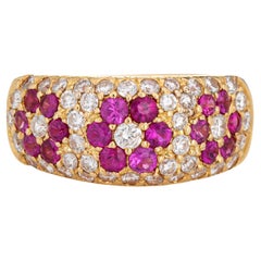 Pink Sapphire Diamond Flower Ring Estate 18k Yellow Gold Band Jewelry