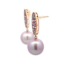 Pink Sapphire Diamond Freshwater Pearl Drop Earrings 3.05 Carats 18 Karat