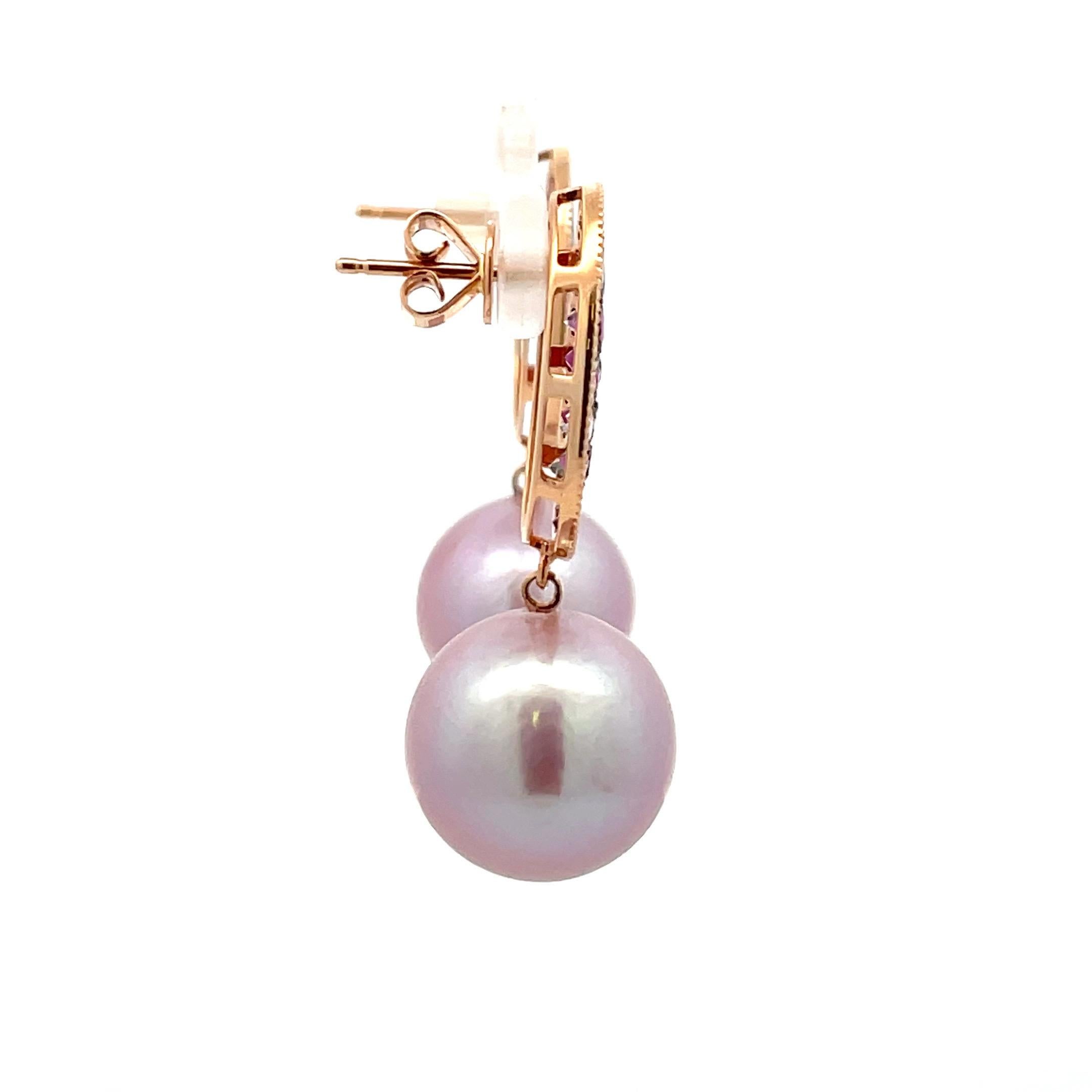 Contemporary Pink Sapphire Diamond Freshwater Pearl Drop Earrings 3.05 Carats 18 Karat For Sale