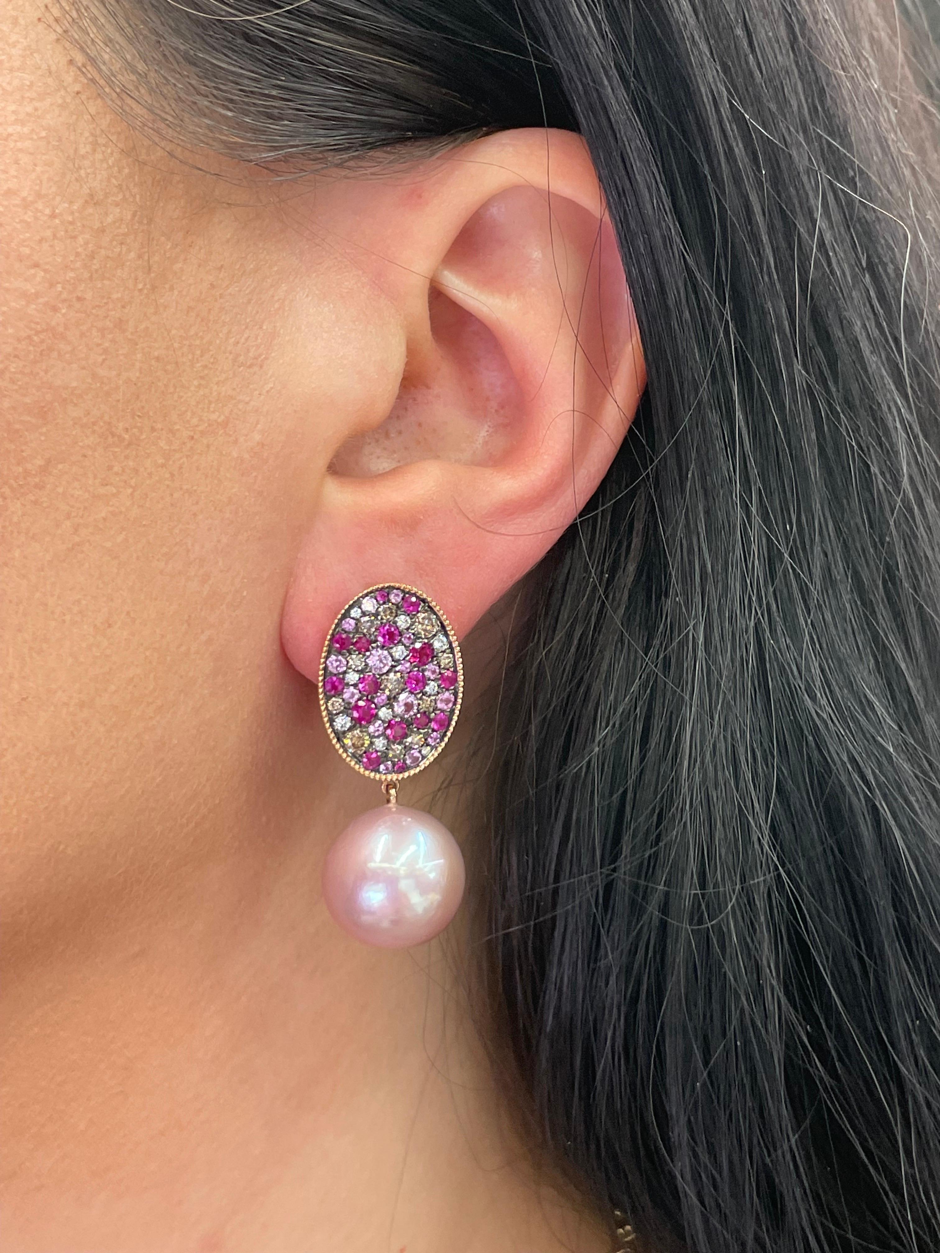 Round Cut Pink Sapphire Diamond Freshwater Pearl Drop Earrings 3.05 Carats 18 Karat For Sale