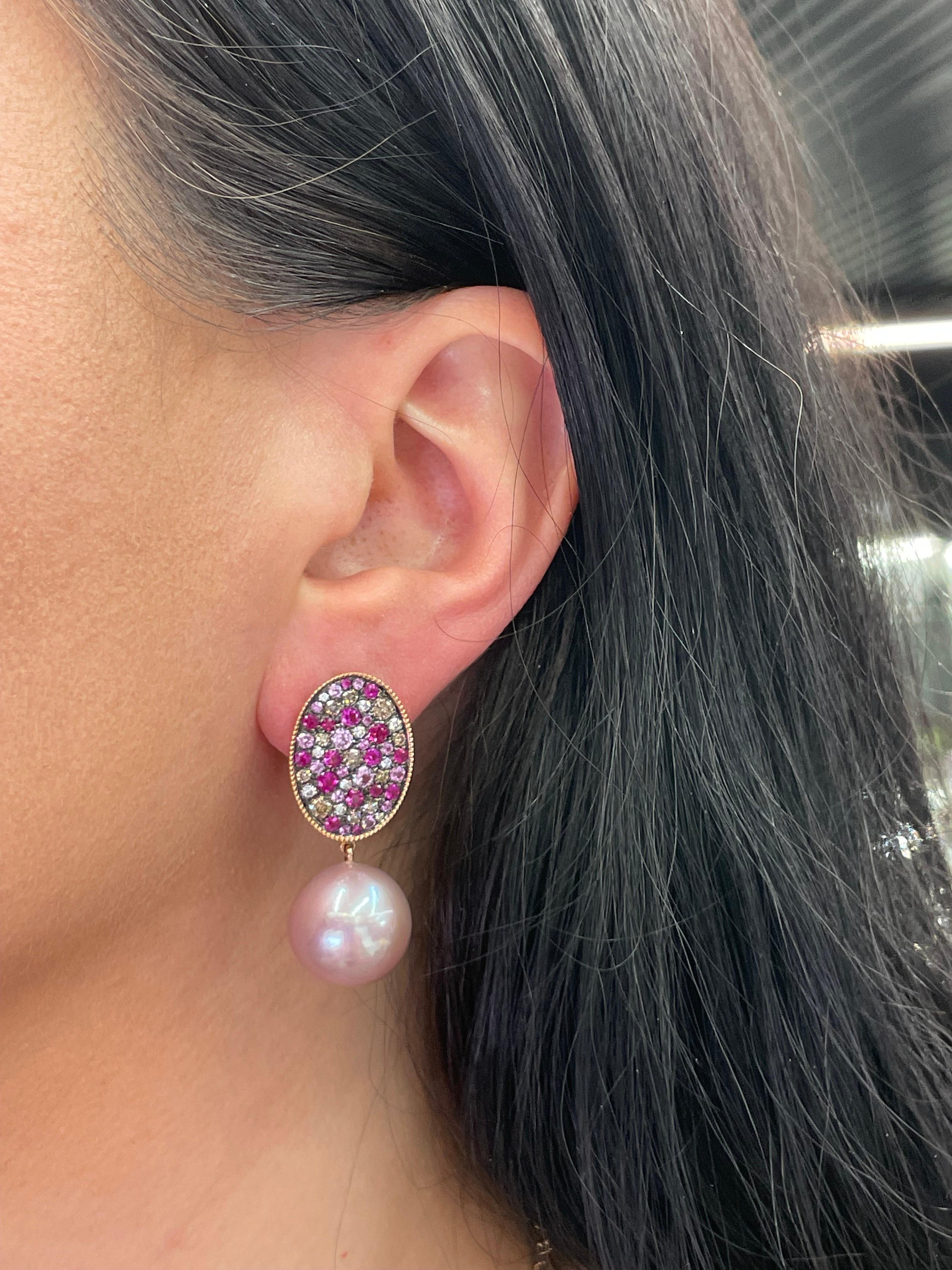 Women's Pink Sapphire Diamond Freshwater Pearl Drop Earrings 3.05 Carats 18 Karat For Sale