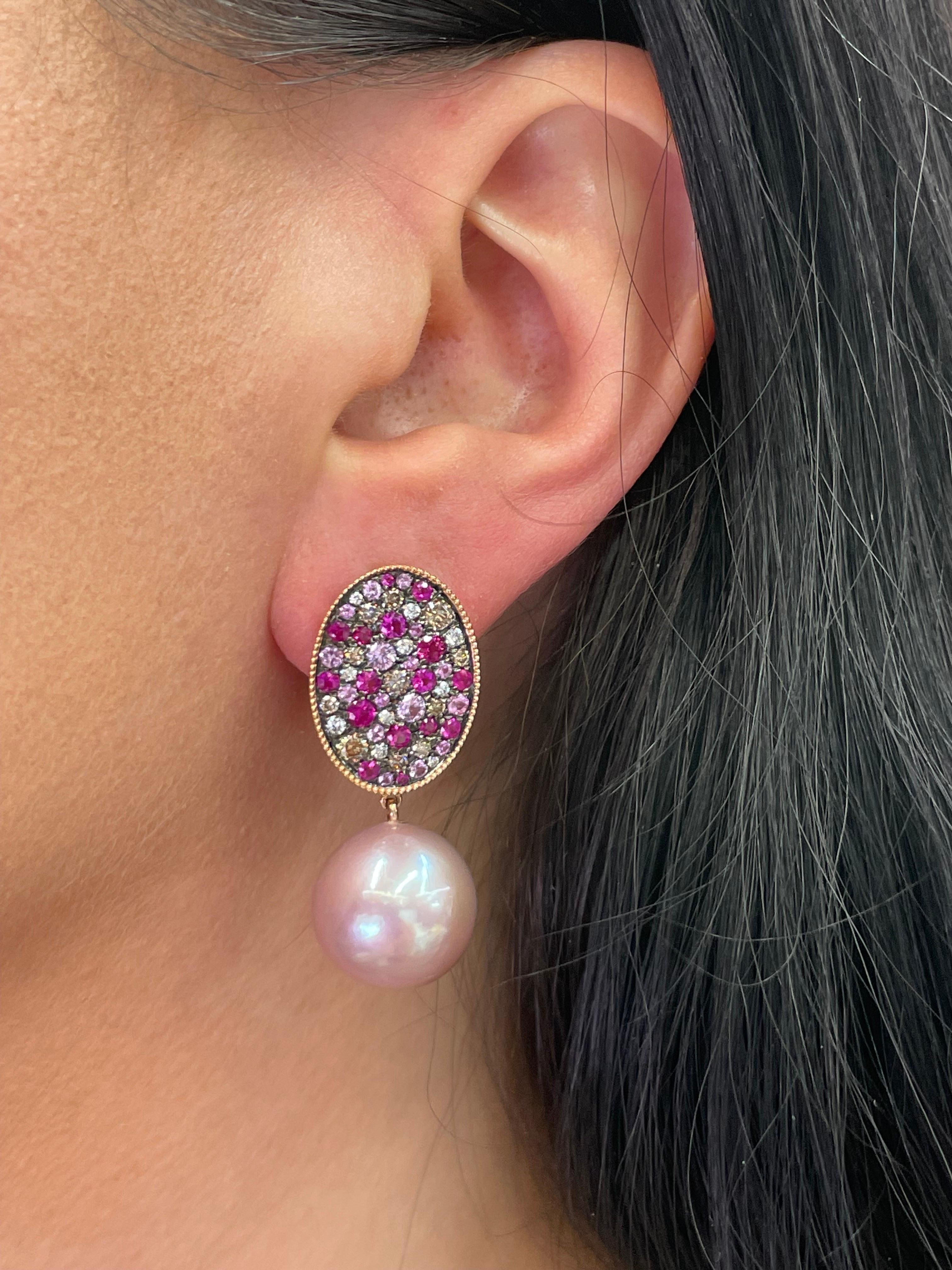 Pink Sapphire Diamond Freshwater Pearl Drop Earrings 3.05 Carats 18 Karat For Sale 1