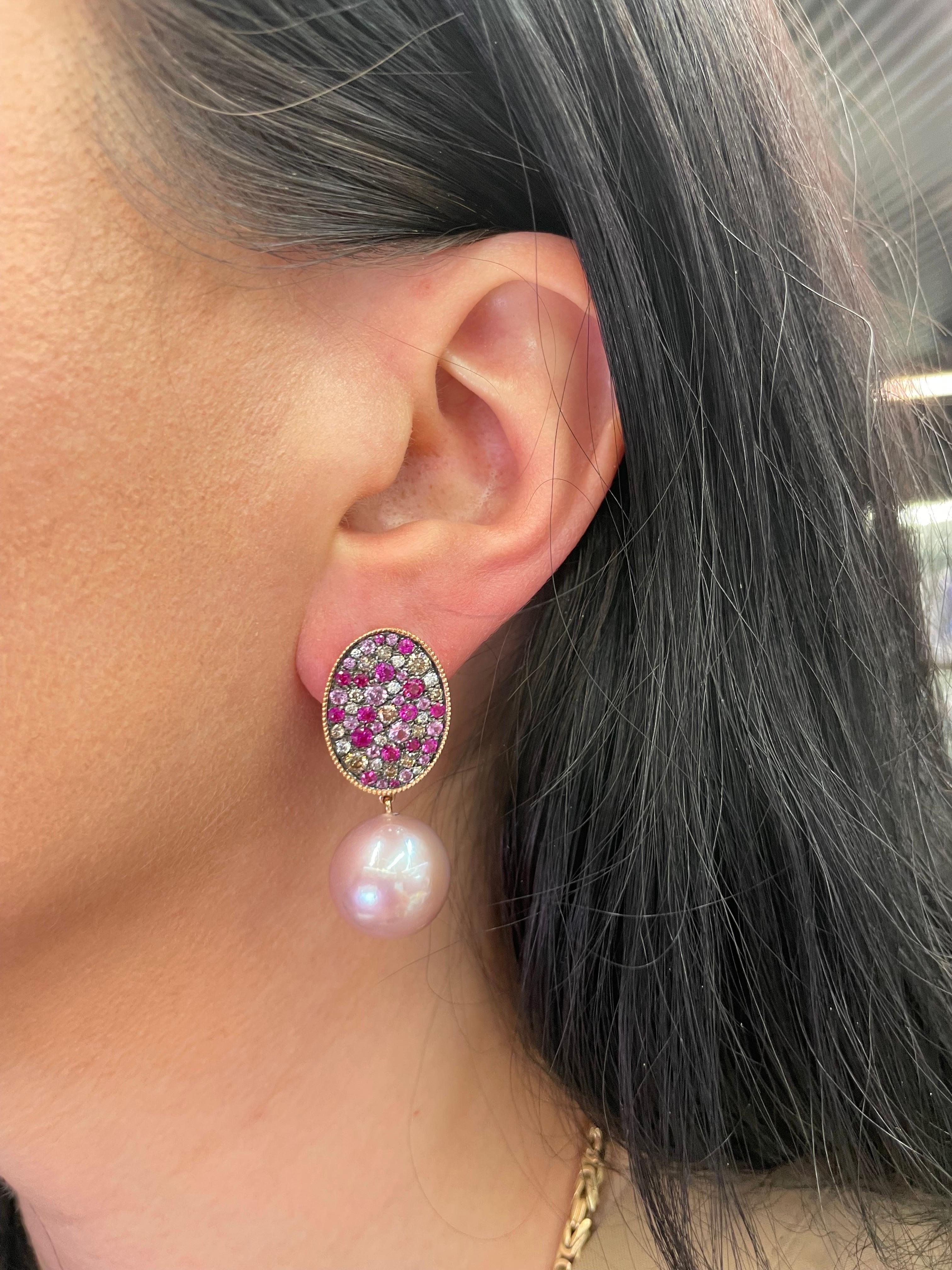 Pink Sapphire Diamond Freshwater Pearl Drop Earrings 3.05 Carats 18 Karat For Sale 2