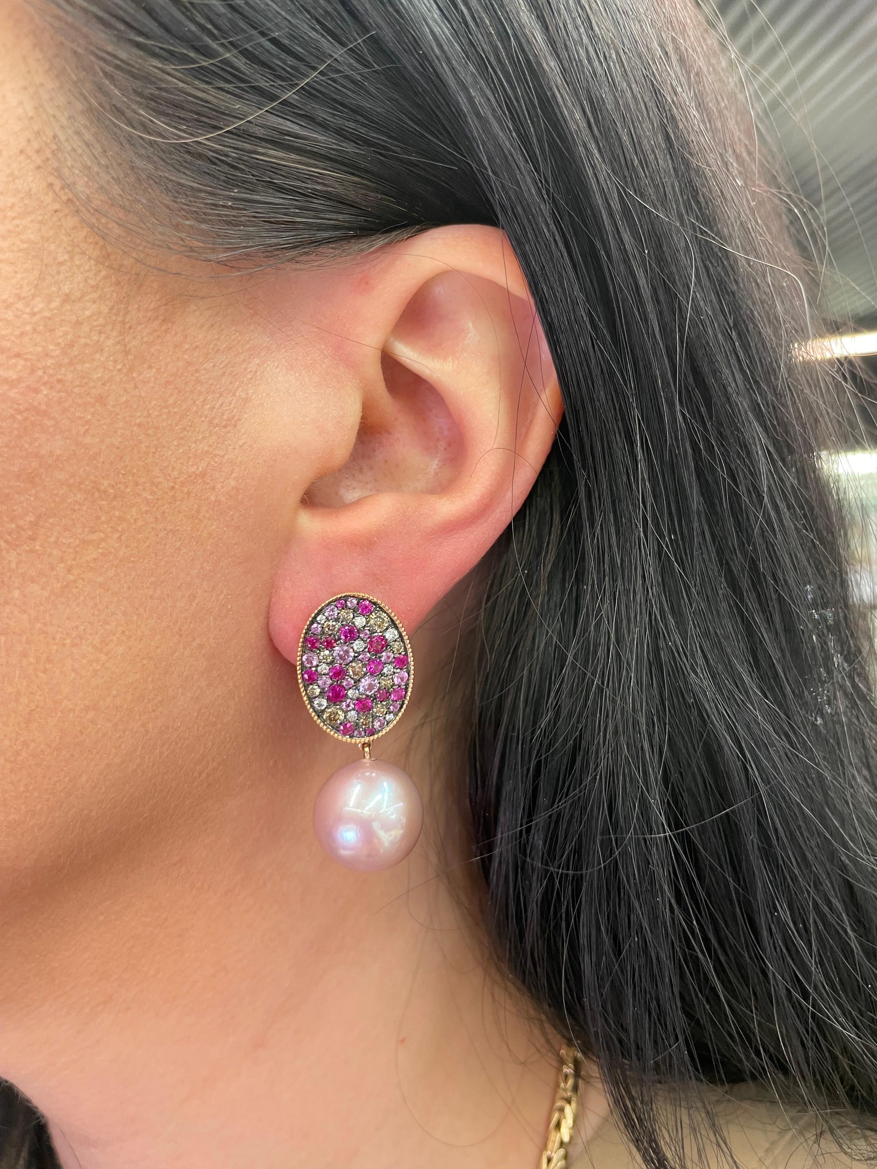 Pink Sapphire Diamond Freshwater Pearl Drop Earrings 3.05 Carats 18 Karat For Sale 3