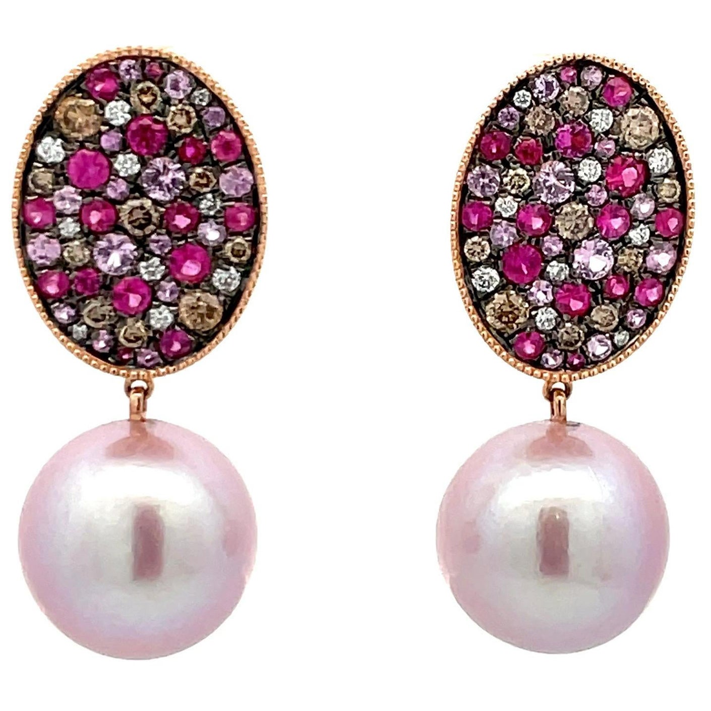 Rosa Saphir-Diamant-Süßwasserperlen-Tropfen-Ohrringe 3,05 Karat 14-15 MM 18 KT