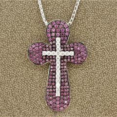 Pink Sapphire Diamond Gold Double Cross Pendant