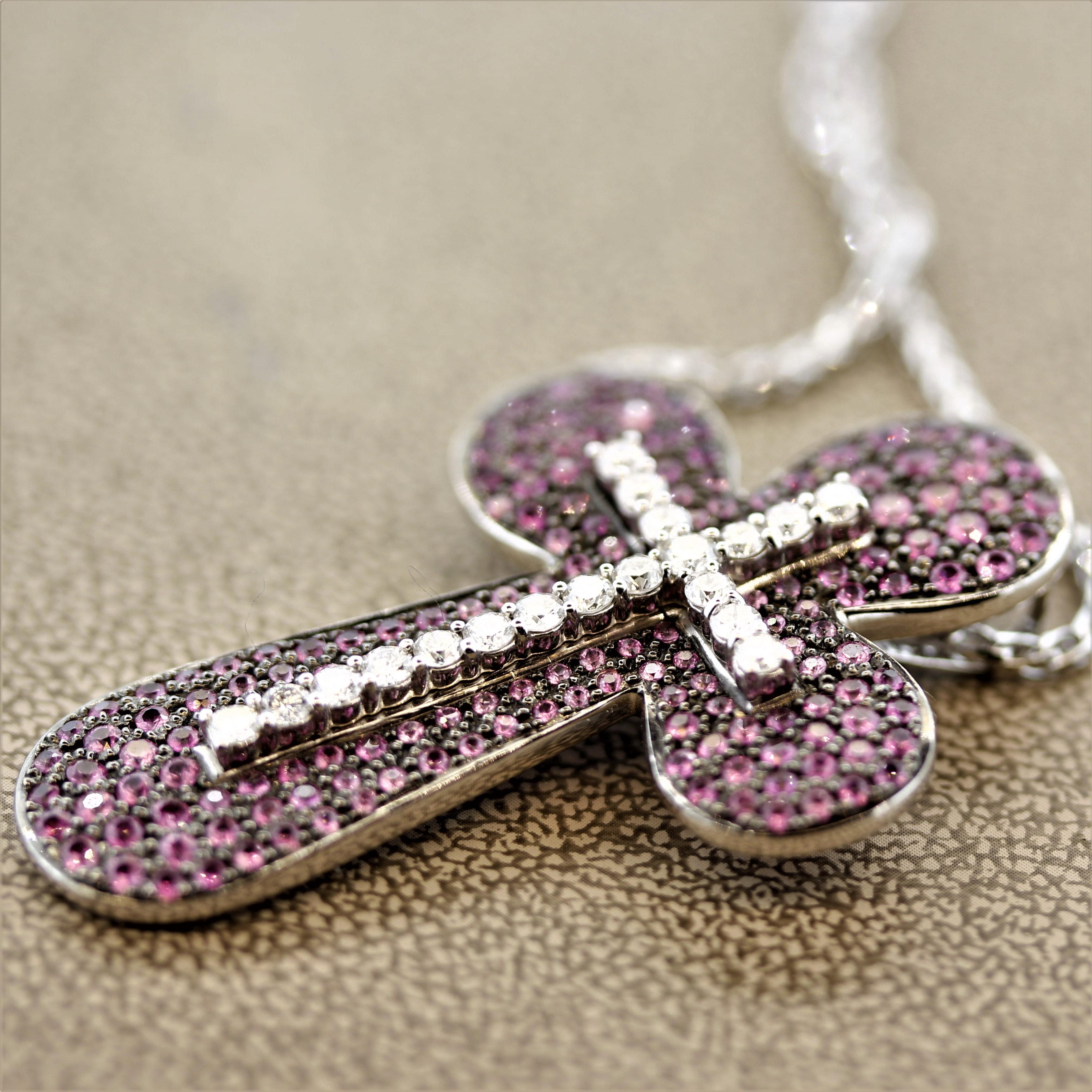 Women's Pink Sapphire Diamond Gold Double Cross Pendant
