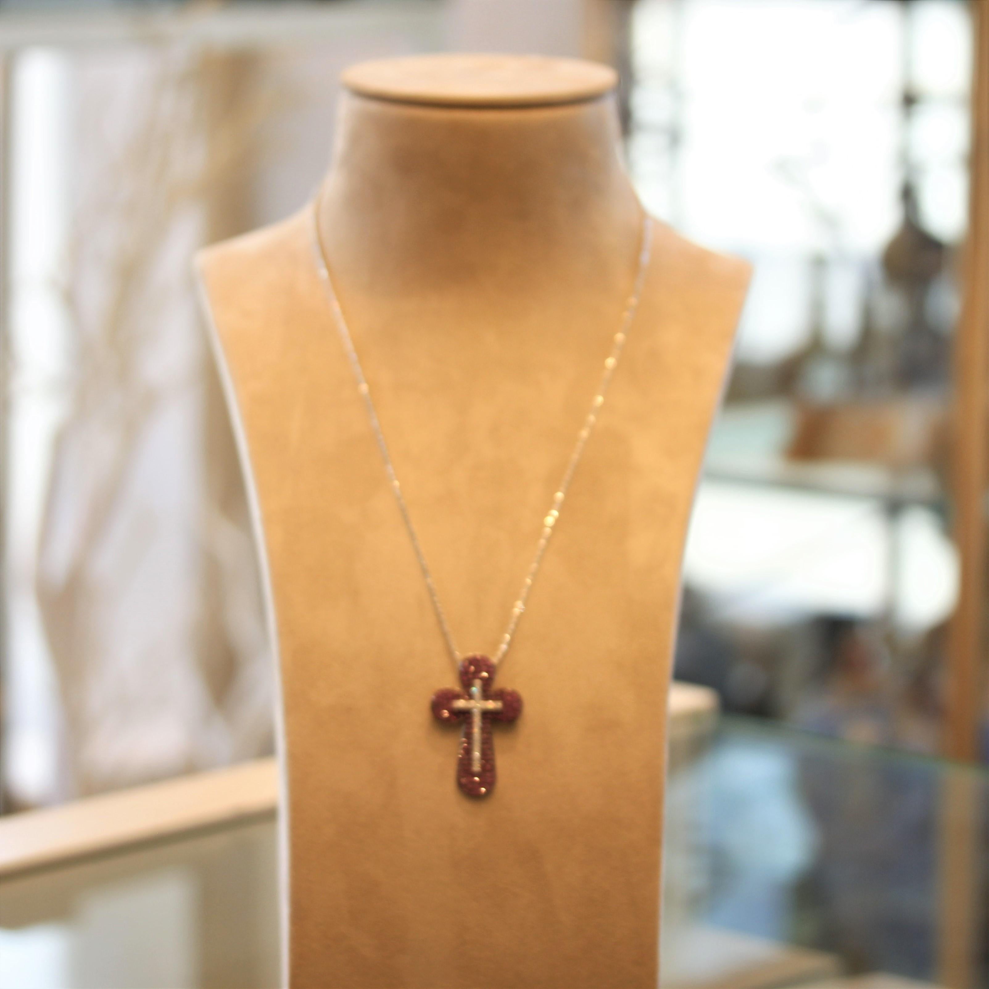 Pink Sapphire Diamond Gold Double Cross Pendant 3