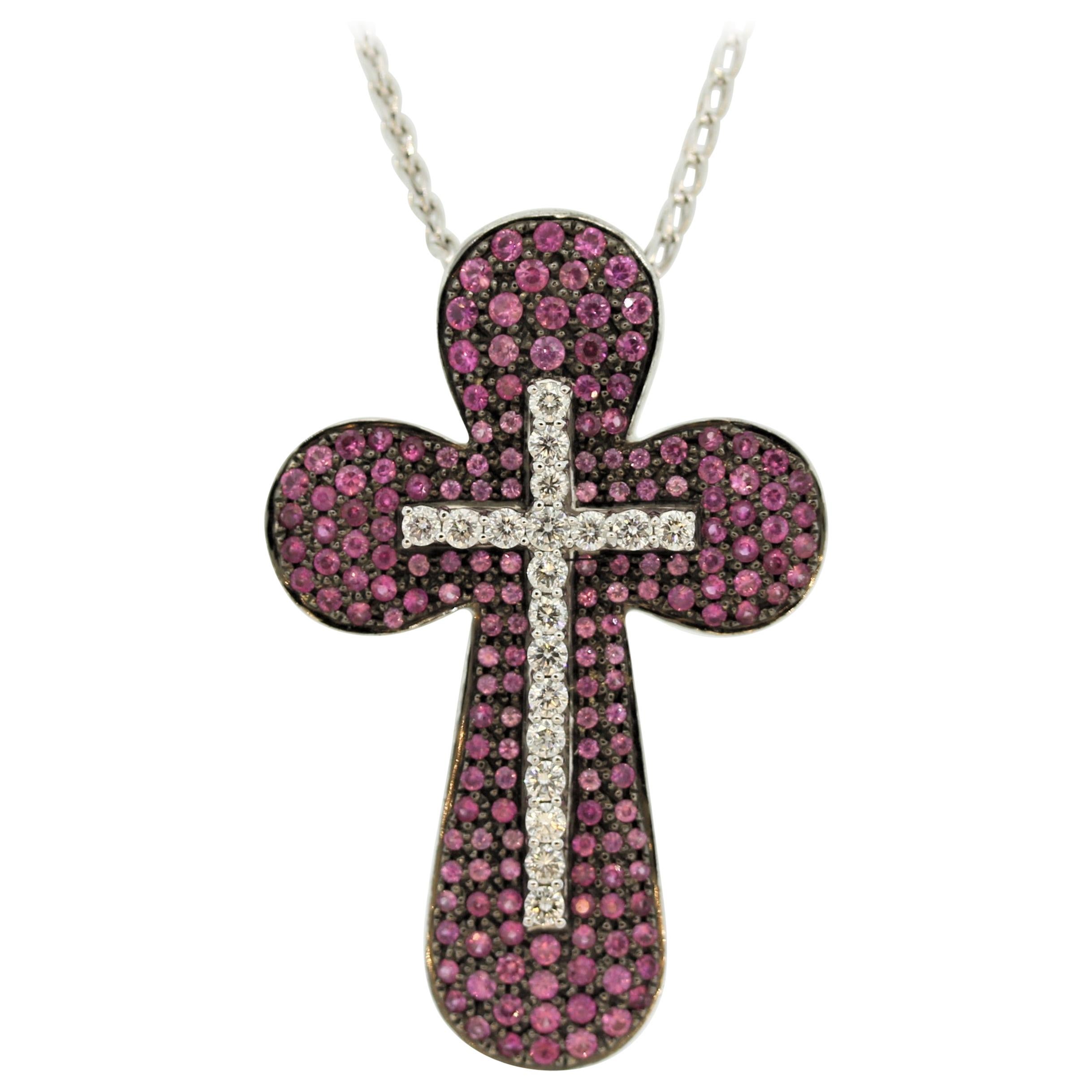 Pink Sapphire Diamond Gold Double Cross Pendant