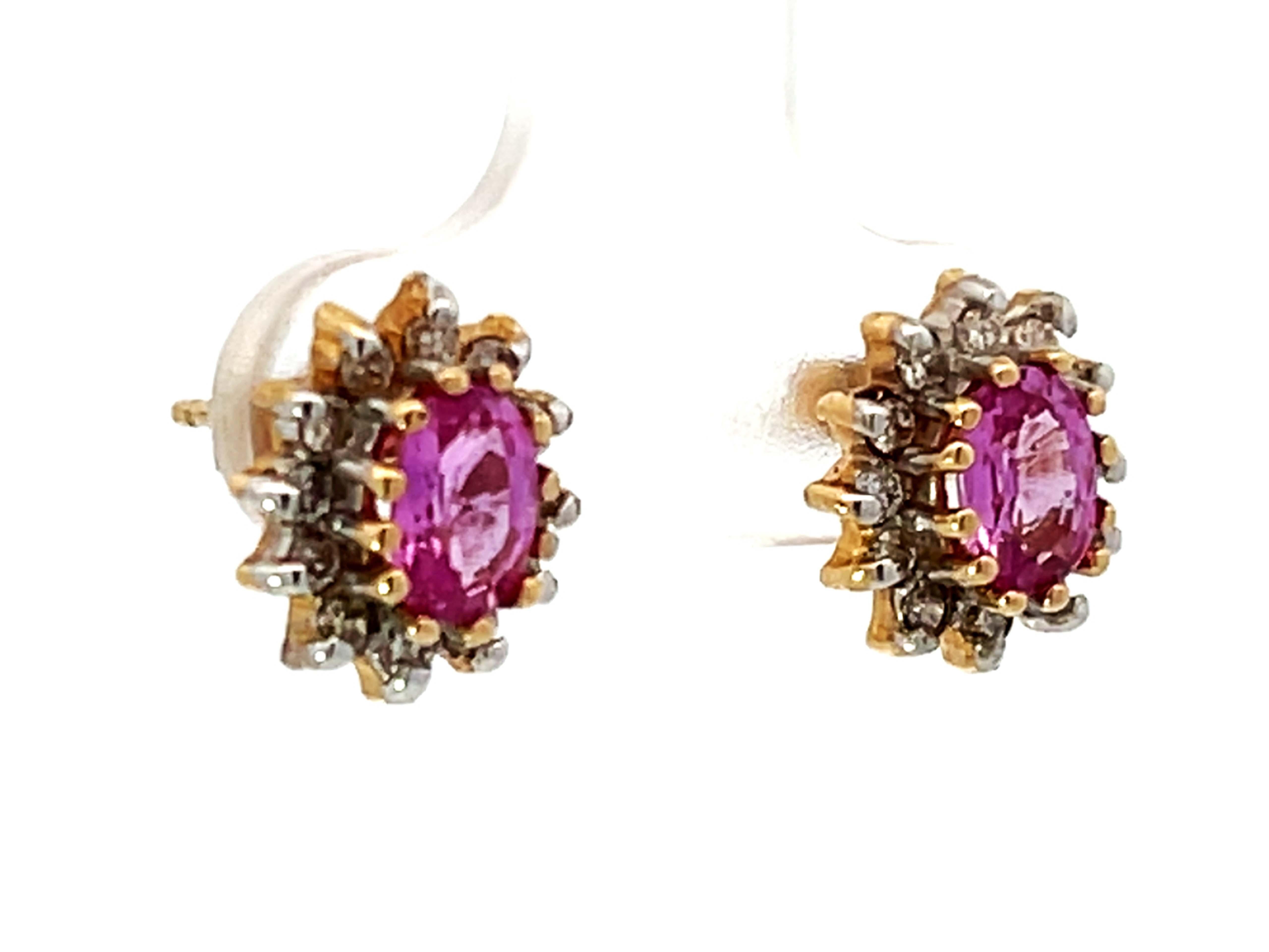 Modern Pink Sapphire Diamond Halo Earrings 14K Gold For Sale