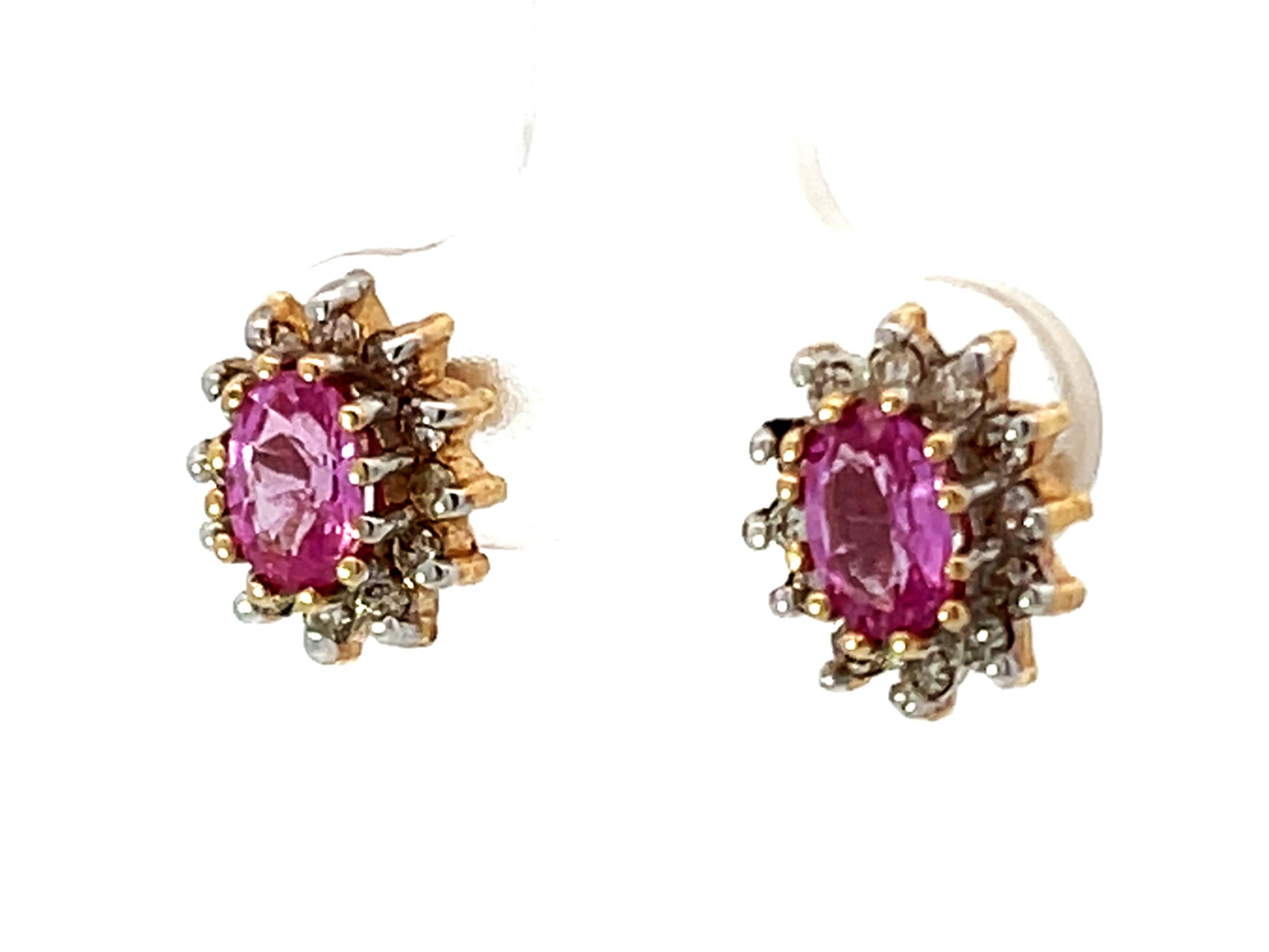 Brilliant Cut Pink Sapphire Diamond Halo Earrings 14K Gold For Sale