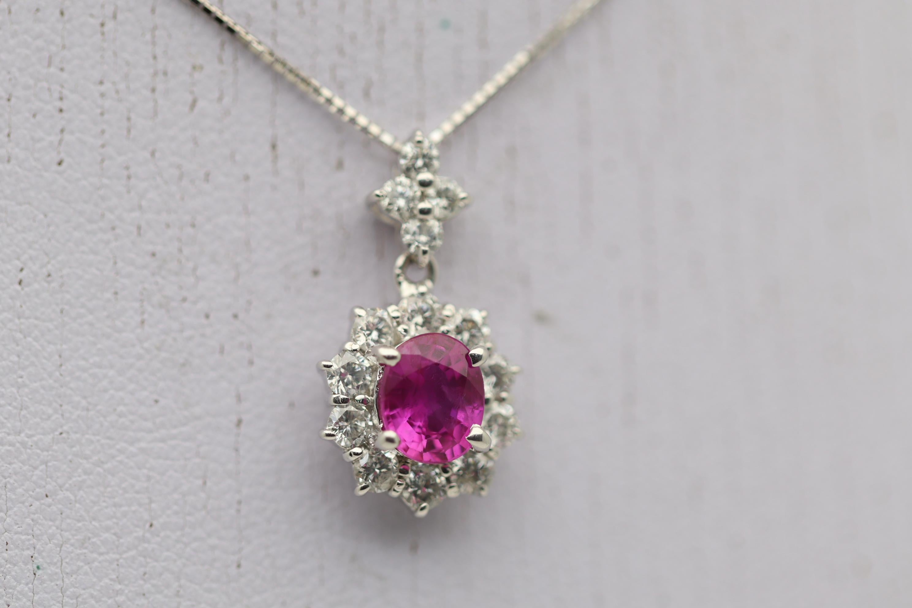 Oval Cut Pink Sapphire Diamond Halo Gold Drop Pendant For Sale