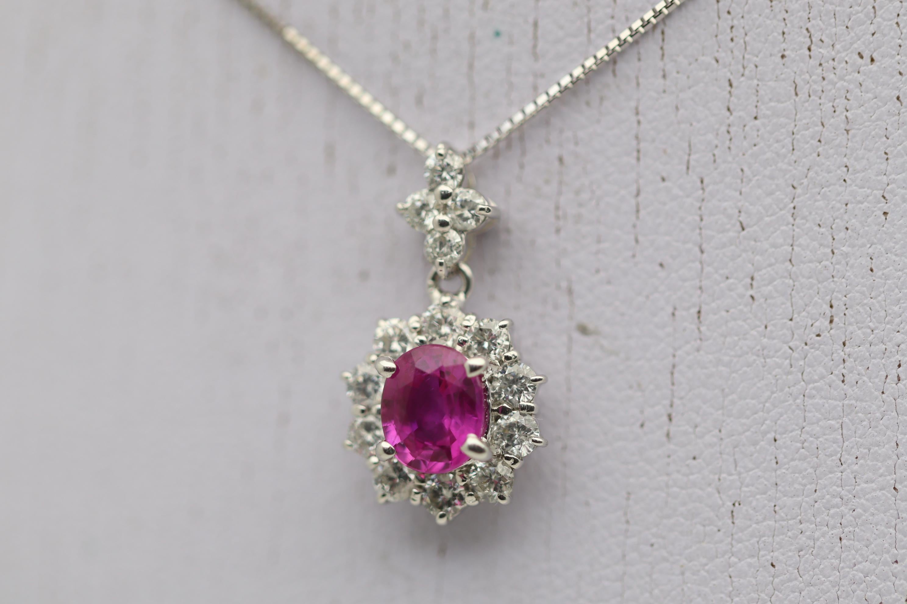 Pink Sapphire Diamond Halo Gold Drop Pendant In New Condition For Sale In Beverly Hills, CA