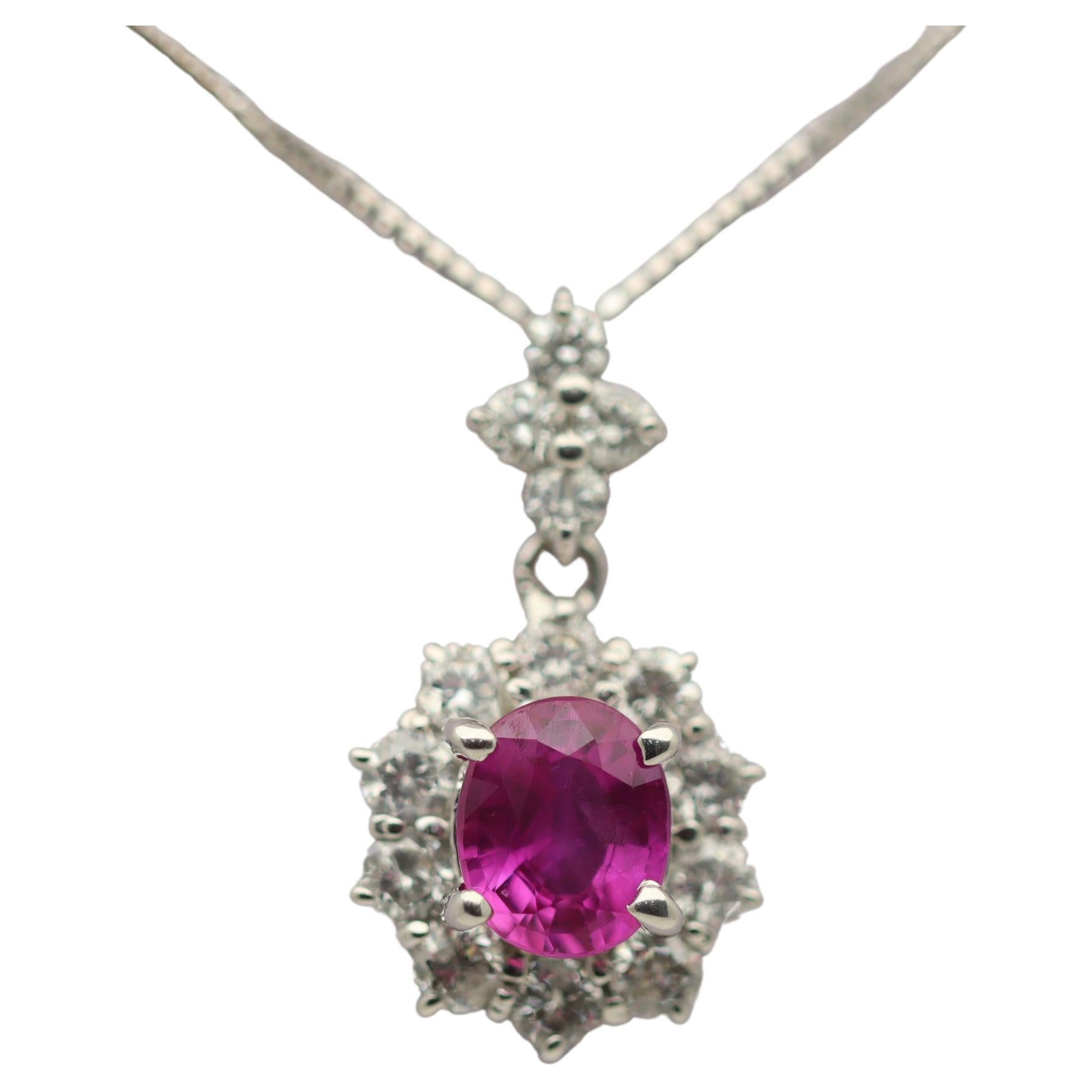 Pink Sapphire Diamond Halo Gold Drop Pendant For Sale