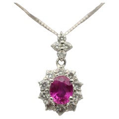 Pink Sapphire Diamond Halo Gold Drop Pendant