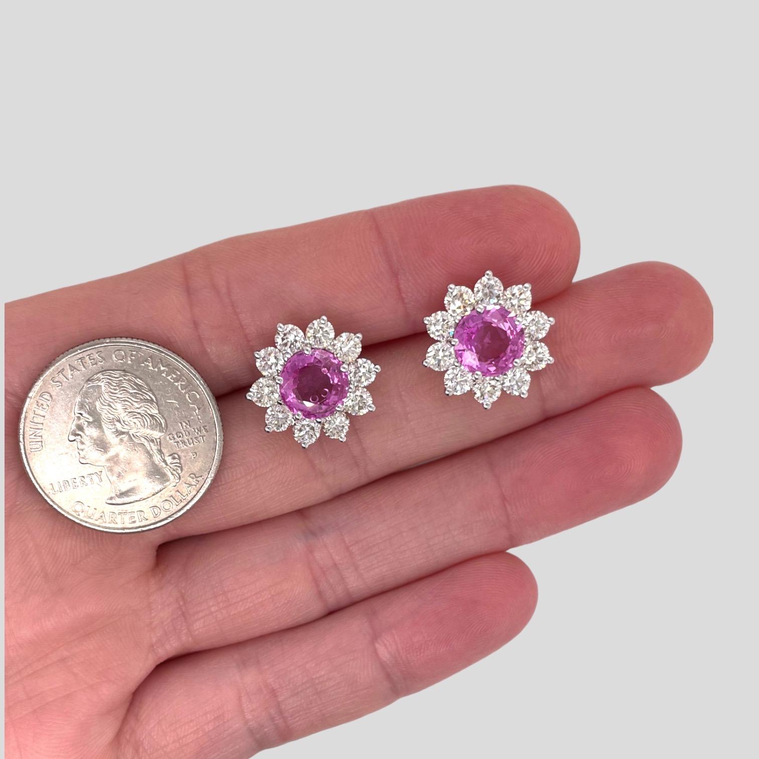 Romantic Pink Sapphire & Diamond Halo Stud Earring in 18k White Gold For Sale