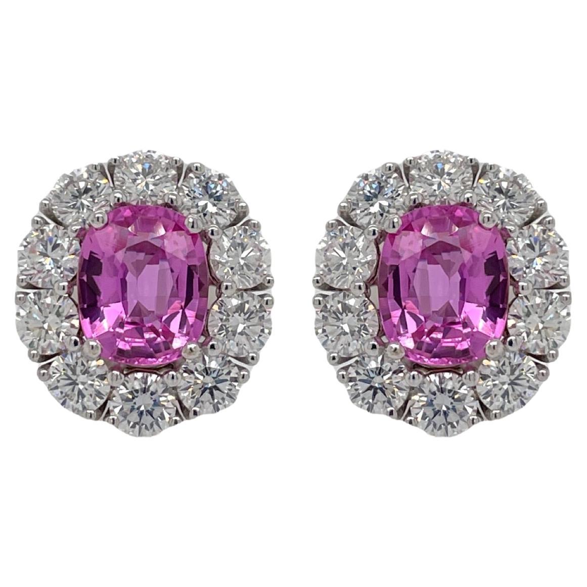 Pink Sapphire & Diamond Halo Stud Earring in 18k White Gold