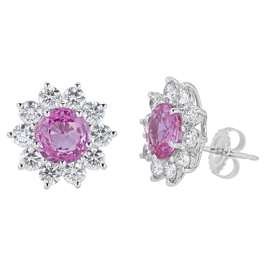 Pink Sapphire & Diamond Halo Stud Earring in 18k White Gold For Sale