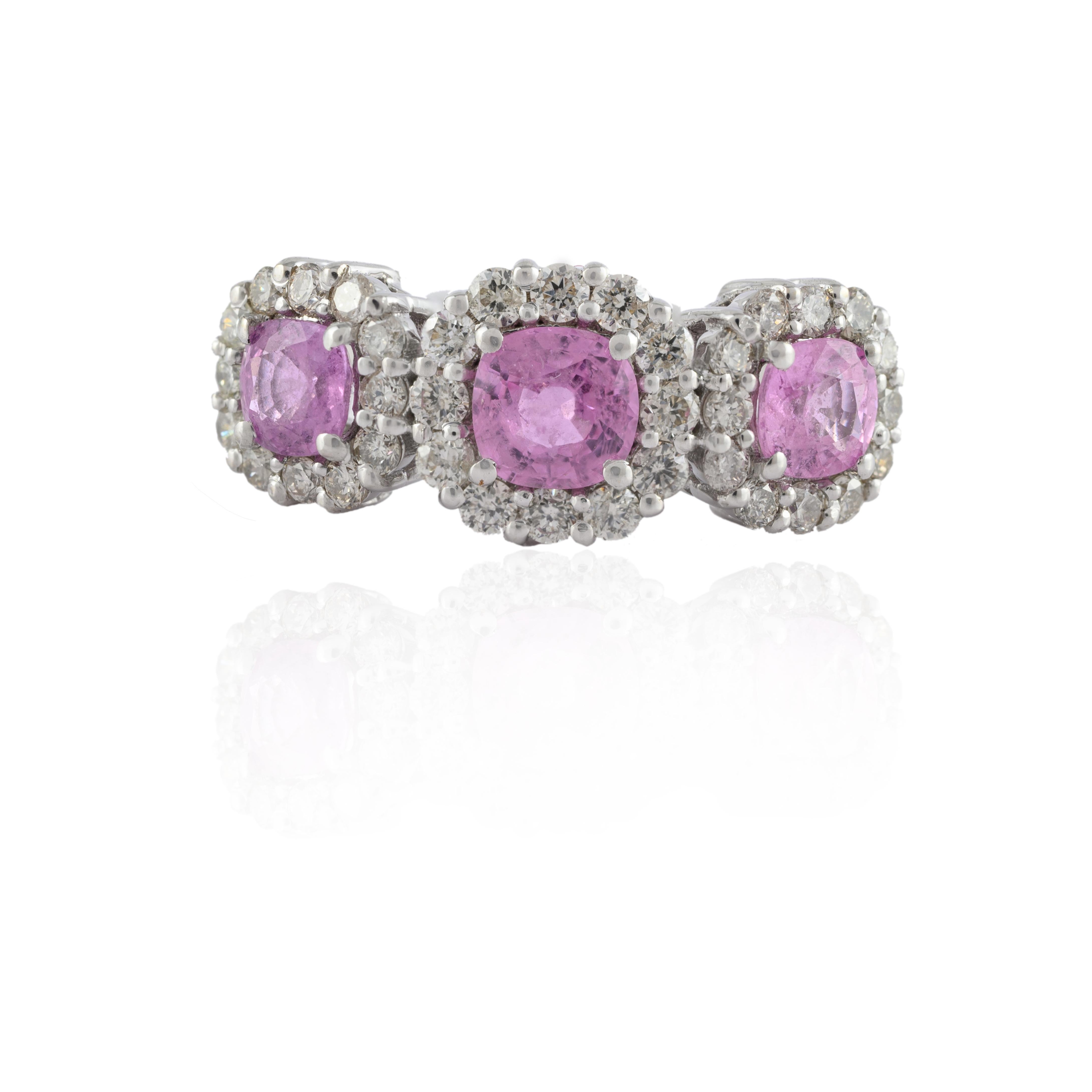For Sale:  Pink Sapphire Diamond Halo Three-Stone Engagement Ring in 14k Solid White Gold 3