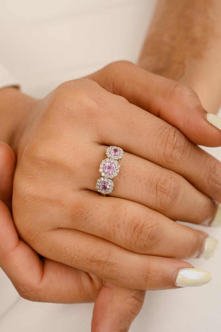 For Sale:  Pink Sapphire Diamond Halo Three-Stone Engagement Ring in 14k Solid White Gold 2