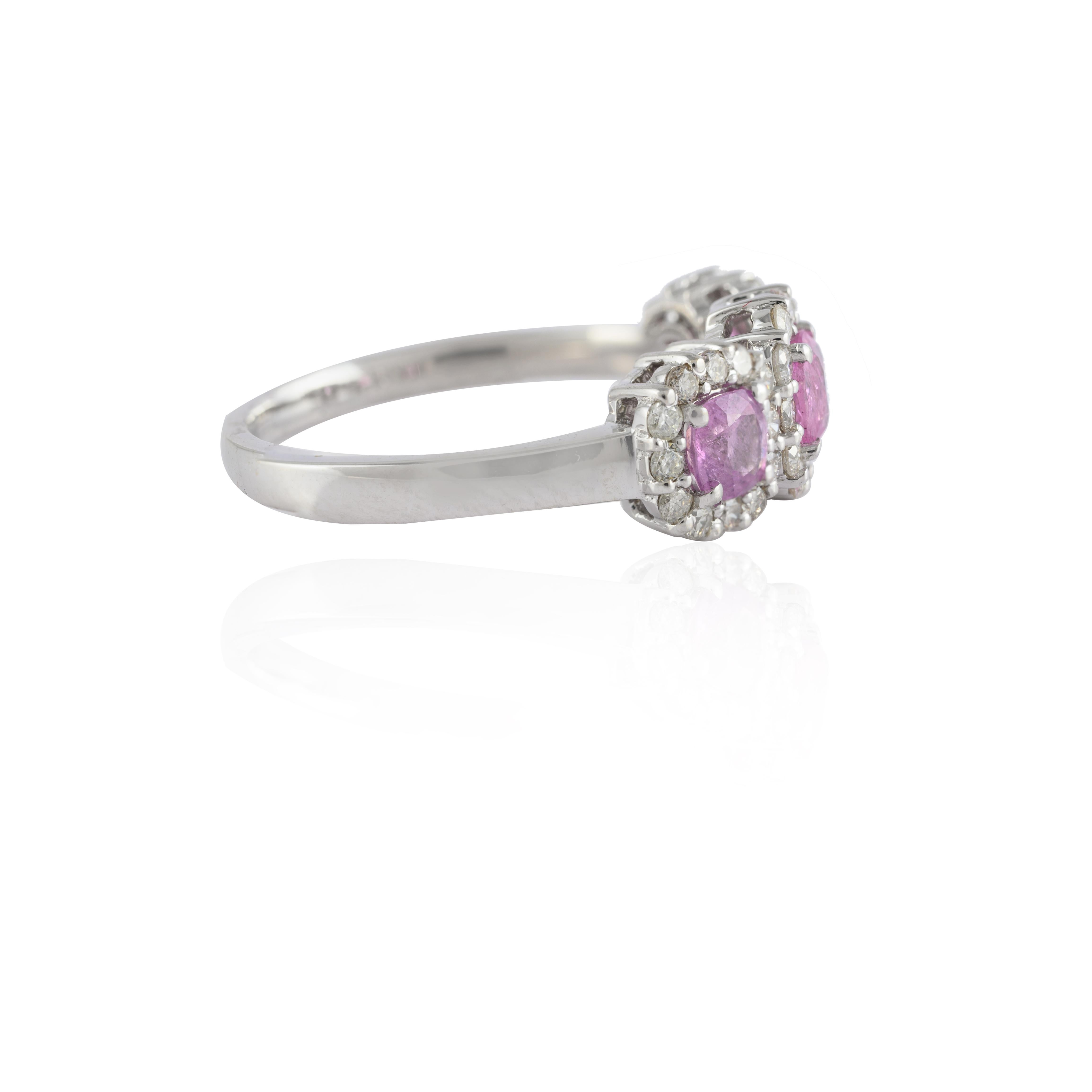 For Sale:  Pink Sapphire Diamond Halo Three-Stone Engagement Ring in 14k Solid White Gold 6