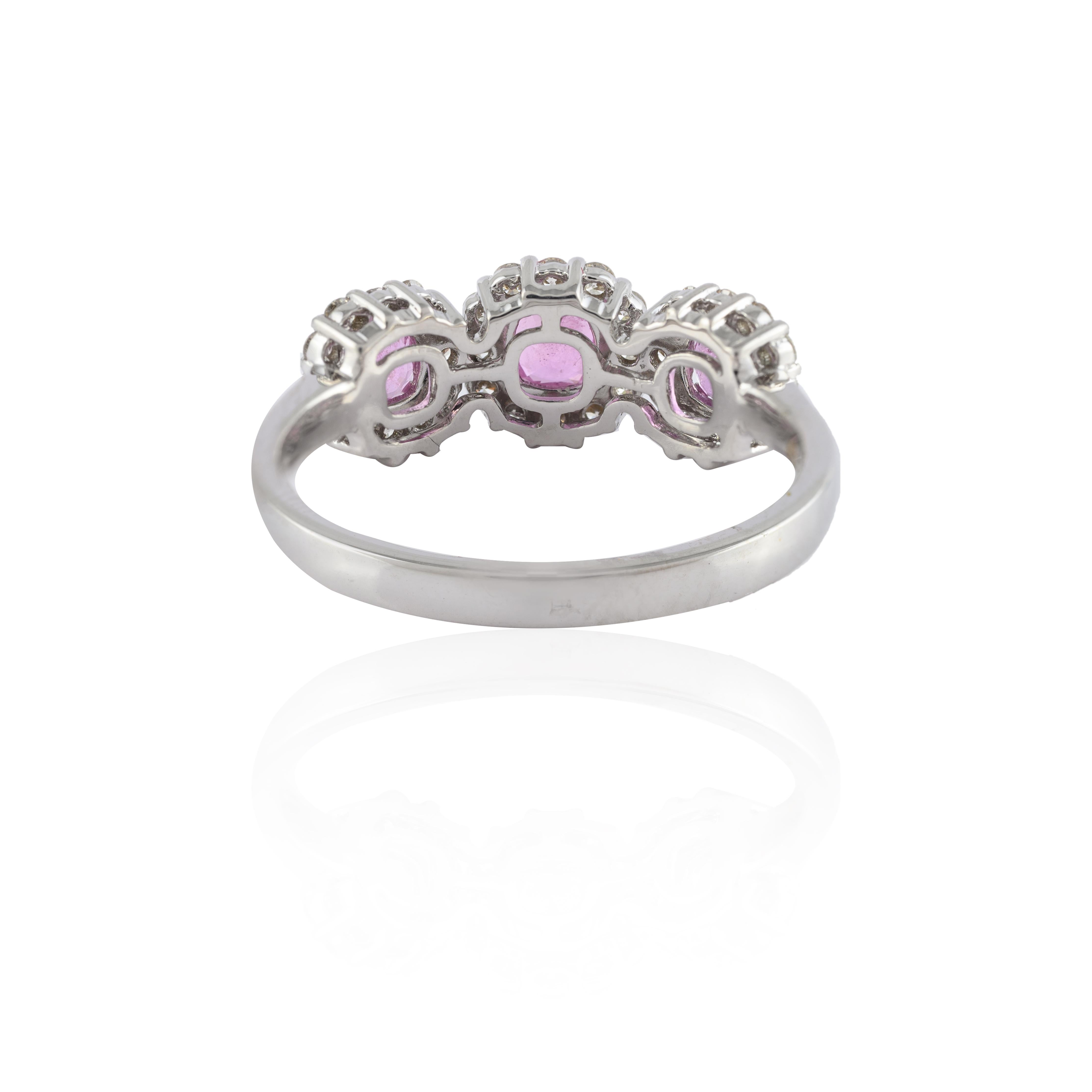 For Sale:  Pink Sapphire Diamond Halo Three-Stone Engagement Ring in 14k Solid White Gold 8