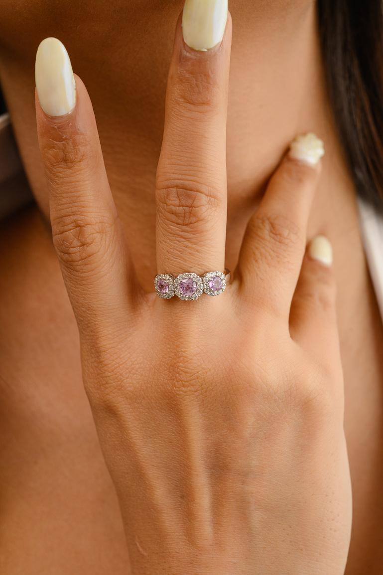 For Sale:  Pink Sapphire Diamond Halo Three-Stone Engagement Ring in 14k Solid White Gold 4