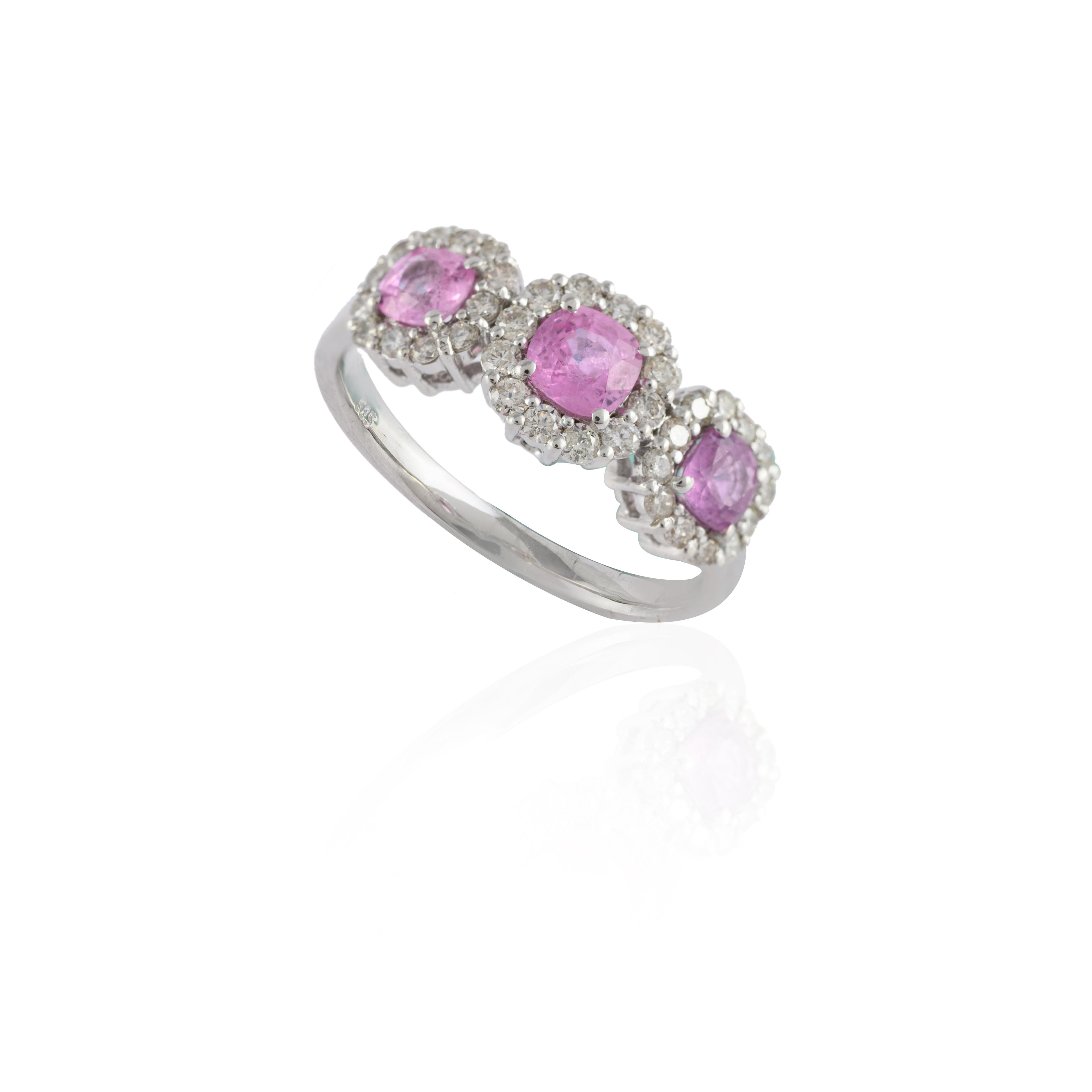For Sale:  Pink Sapphire Diamond Halo Three-Stone Engagement Ring in 14k Solid White Gold 10