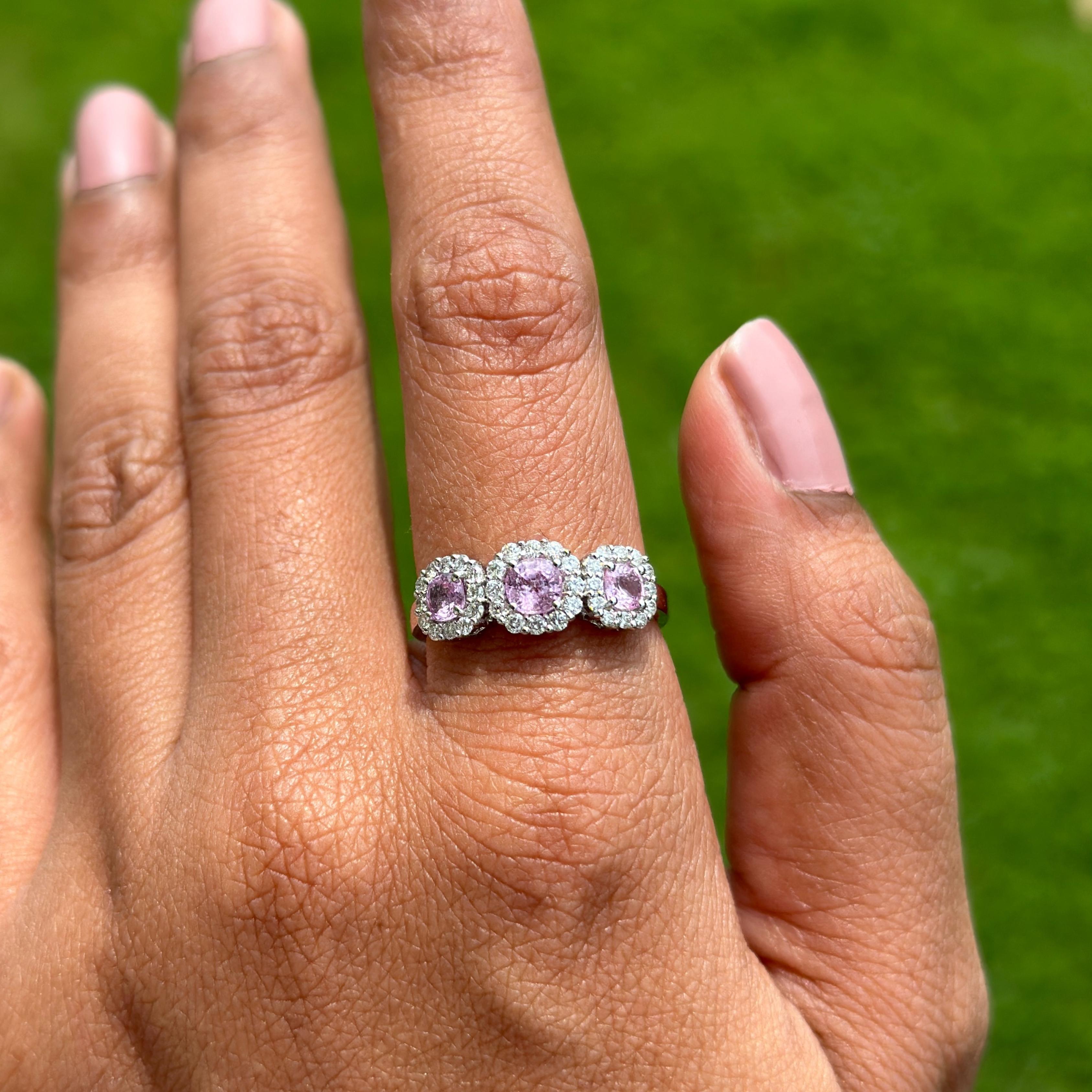 For Sale:  Pink Sapphire Diamond Halo Three-Stone Engagement Ring in 14k Solid White Gold 9