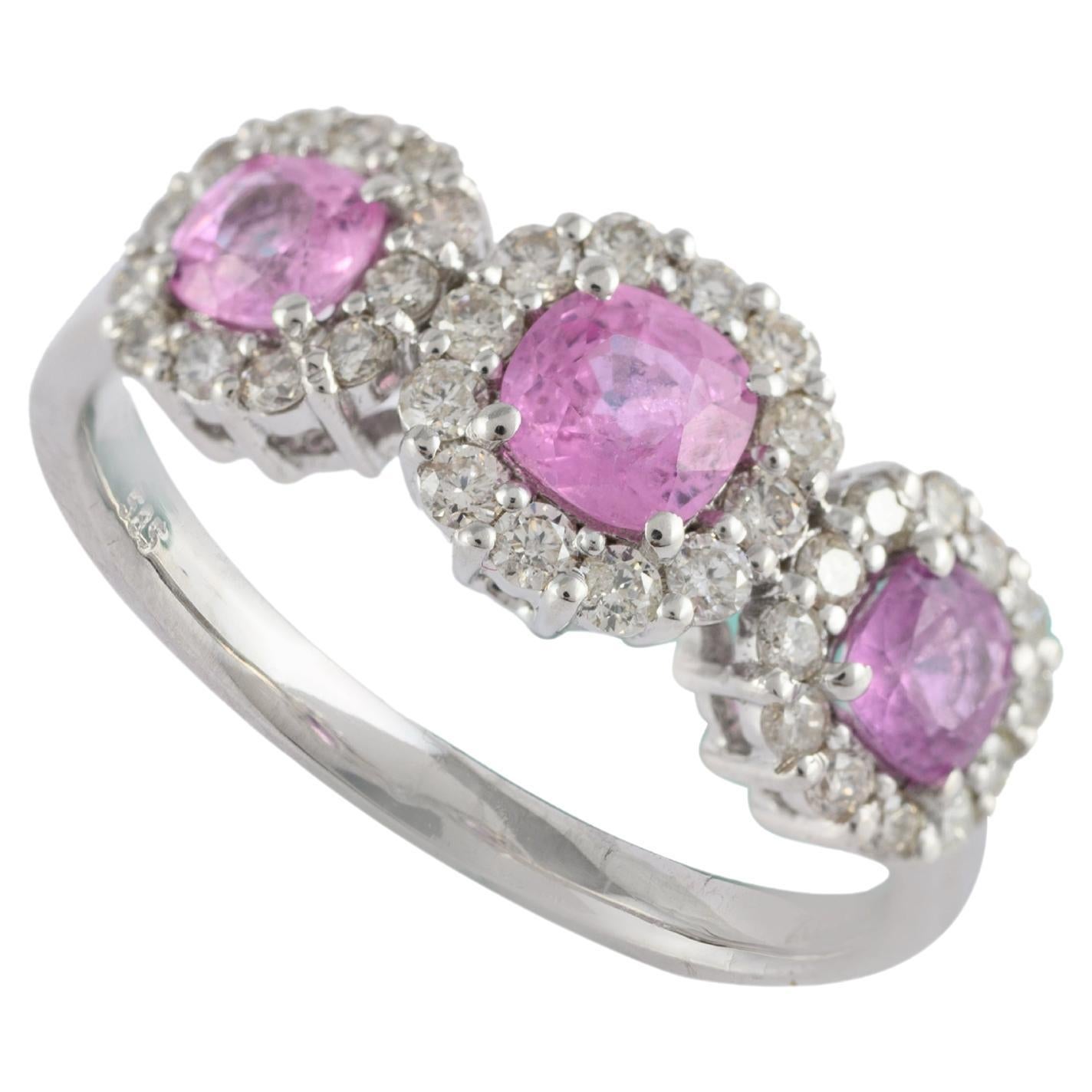 For Sale:  Pink Sapphire Diamond Halo Three-Stone Engagement Ring in 14k Solid White Gold