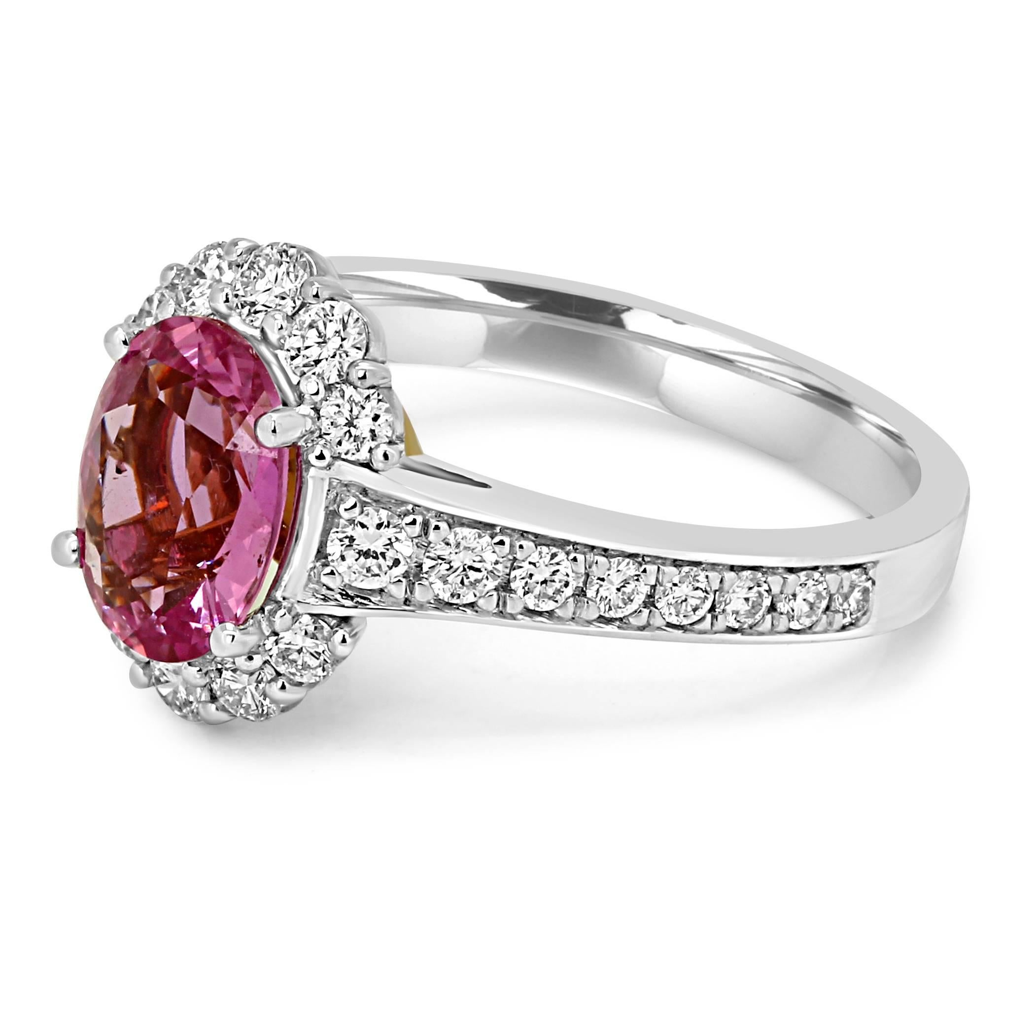 Contemporary Pink Sapphire Diamond Halo Two-Color Gold Bridal Fashion Ring