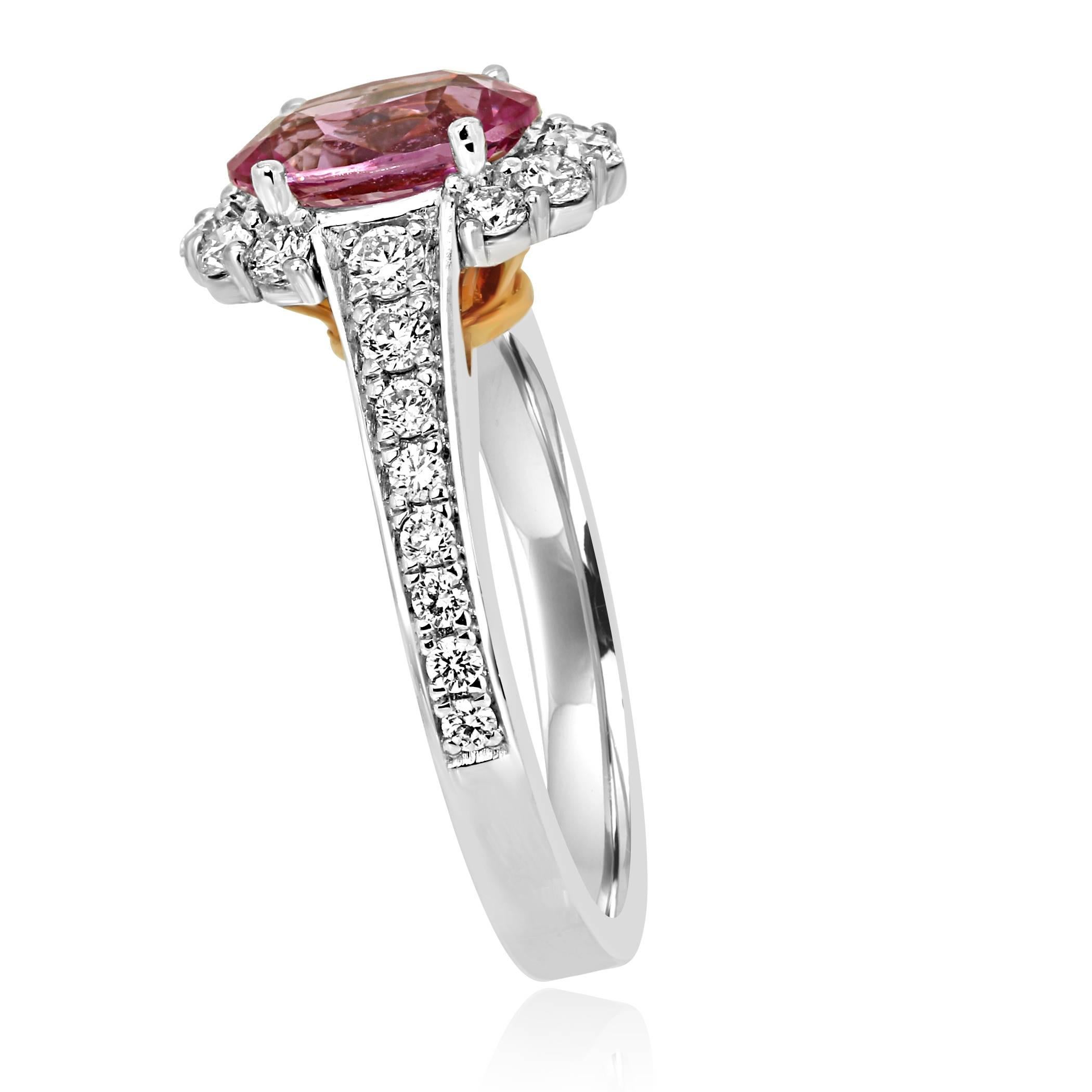 Pink Sapphire Diamond Halo Two-Color Gold Bridal Fashion Ring In New Condition In NEW YORK, NY