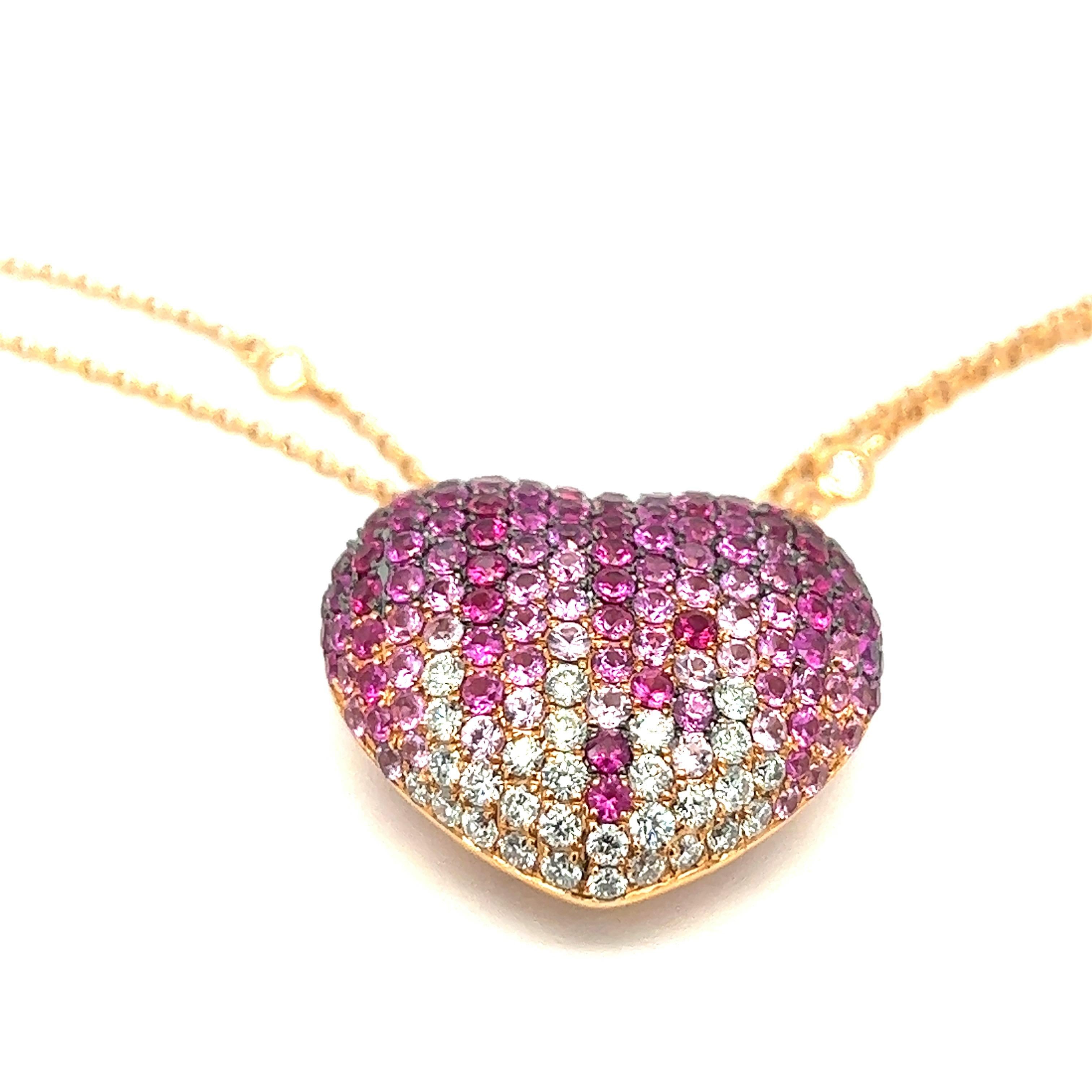Contemporary Pink Sapphire & Diamond Heart Pendant Necklace For Sale