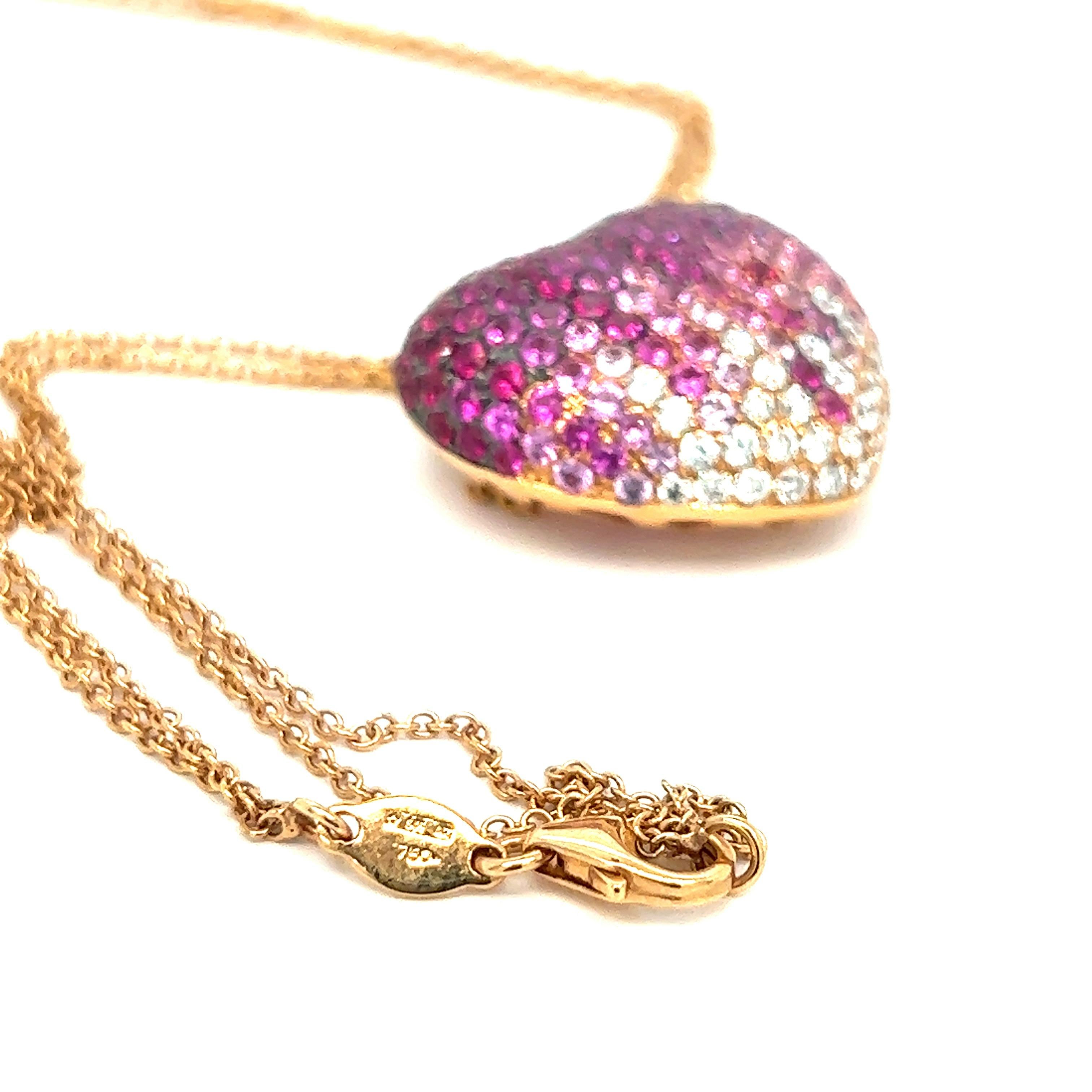 Round Cut Pink Sapphire & Diamond Heart Pendant Necklace For Sale