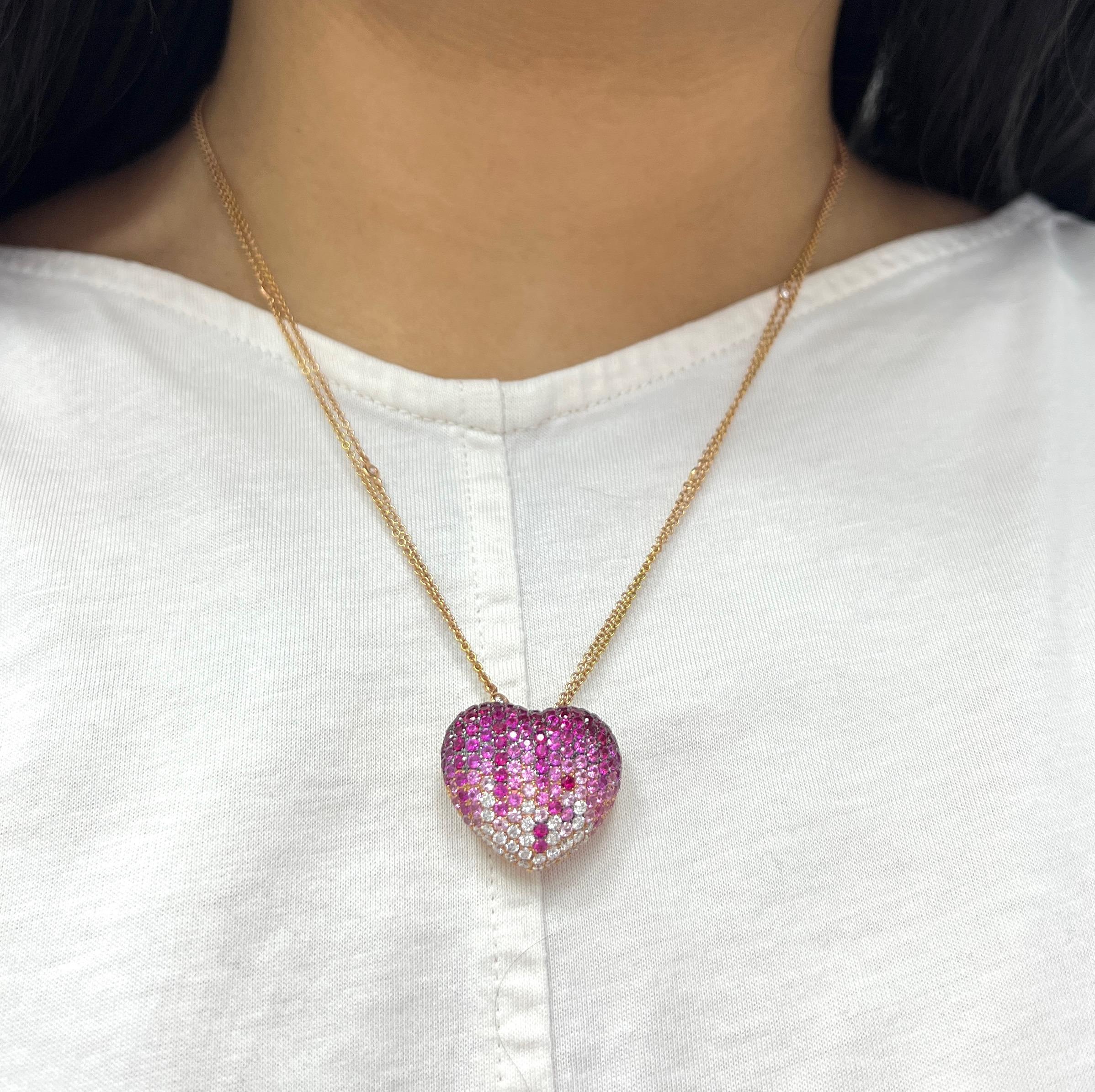 Pink Sapphire & Diamond Heart Pendant Necklace For Sale 2