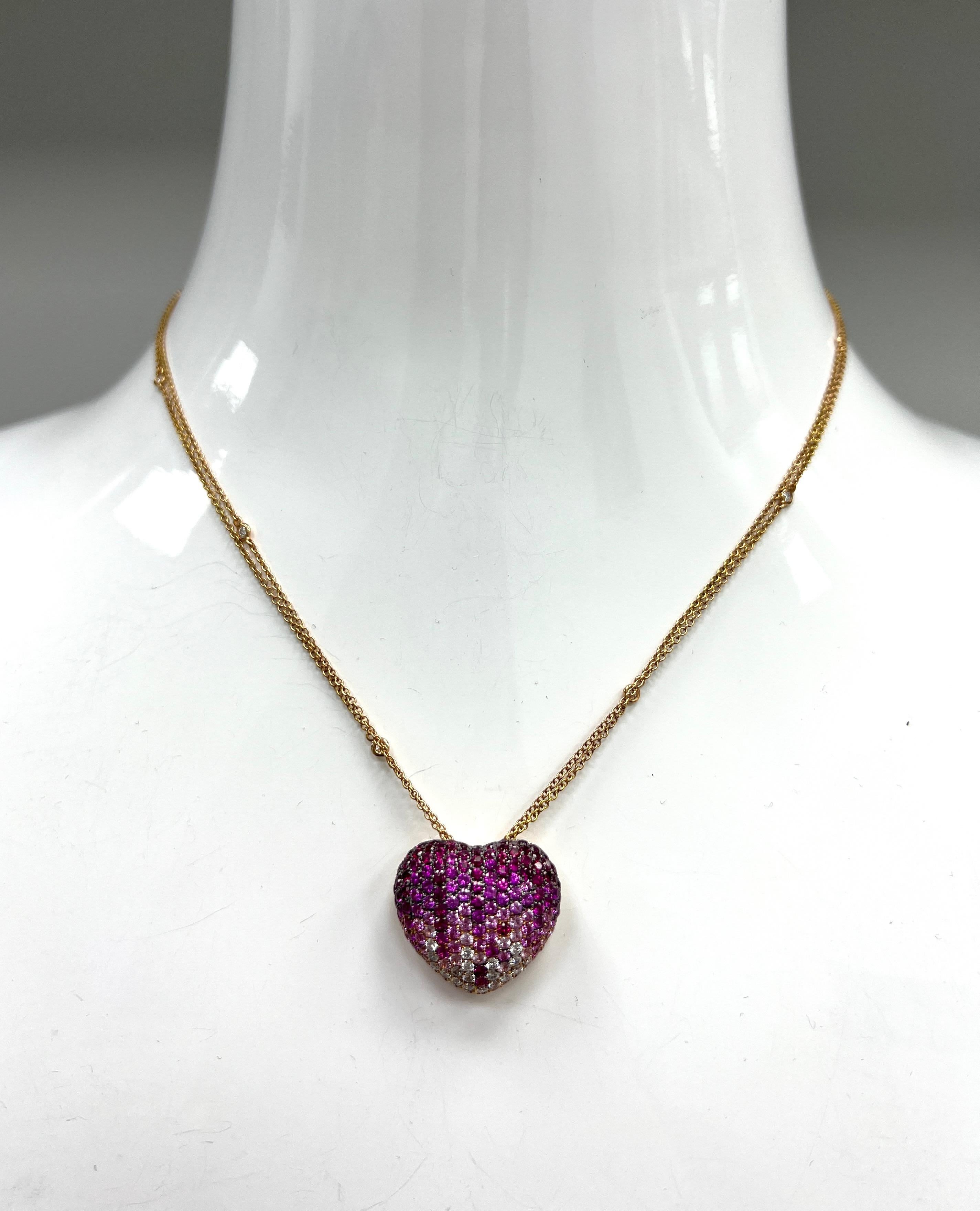 Pink Sapphire & Diamond Heart Pendant Necklace For Sale 3