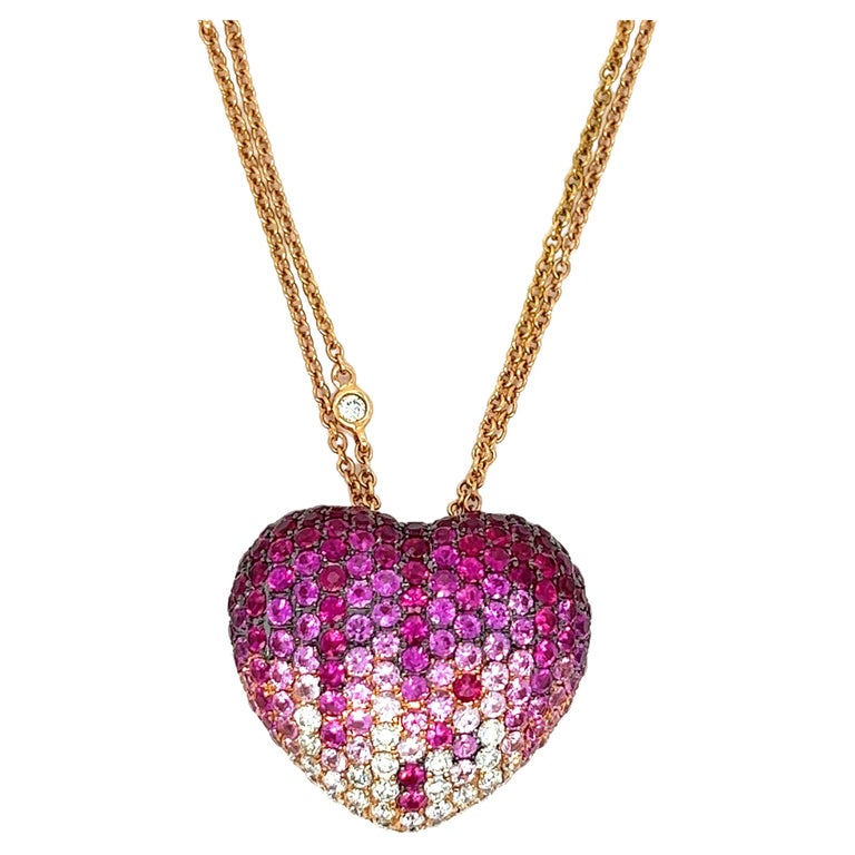 Pink Sapphire and Diamond Heart Pendant Necklace For Sale at 1stDibs