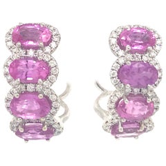 Pink Sapphire Diamond Huggie Hoop Earrings 5.72 Carat 14 Karat White Gold