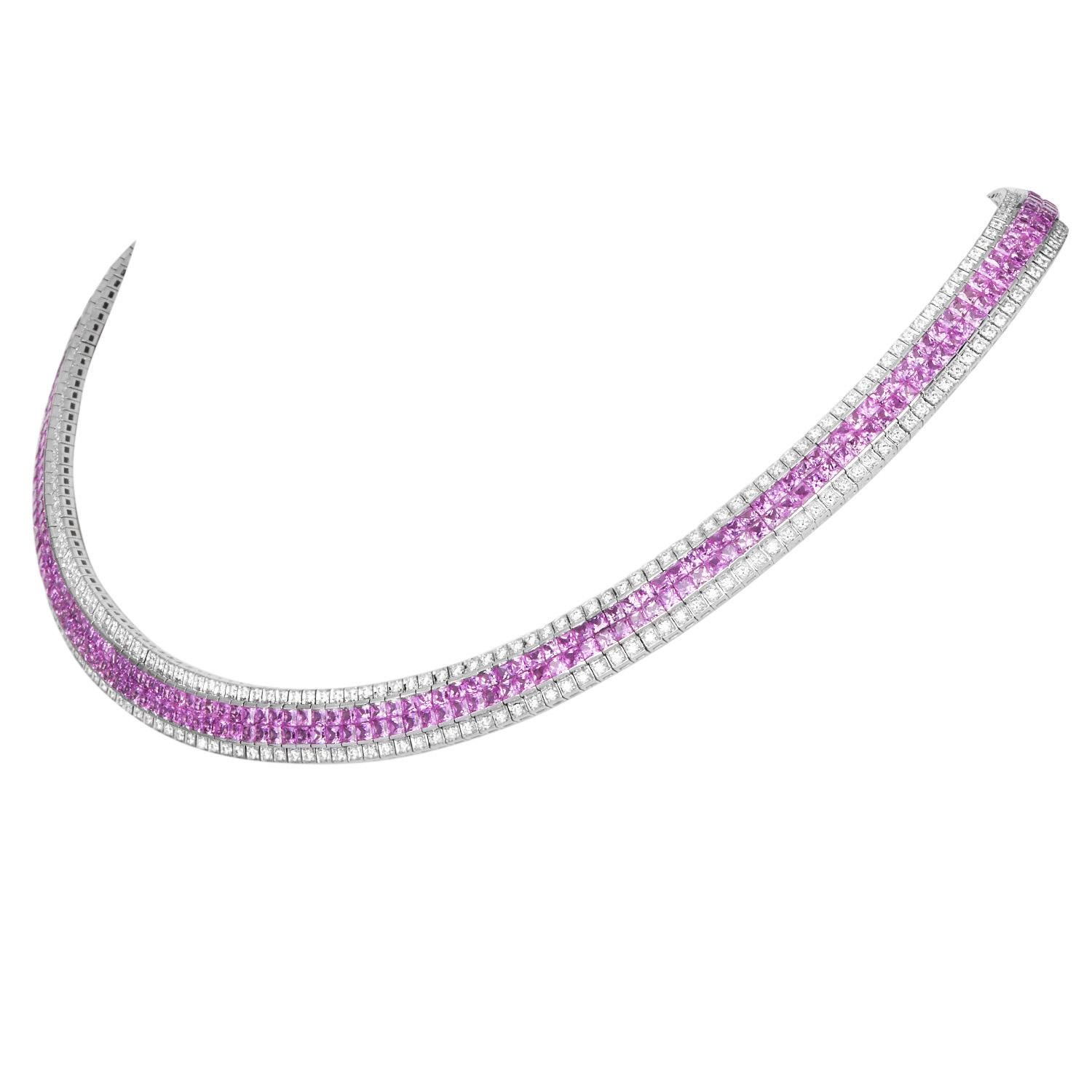 A masterful display of high jewelry technique, this wide collar necklace features square-cut natural pink sapphires set in an impeccable mystery setting. Crafted in 18K white gold, the design is bordered with round brilliant diamonds, offering