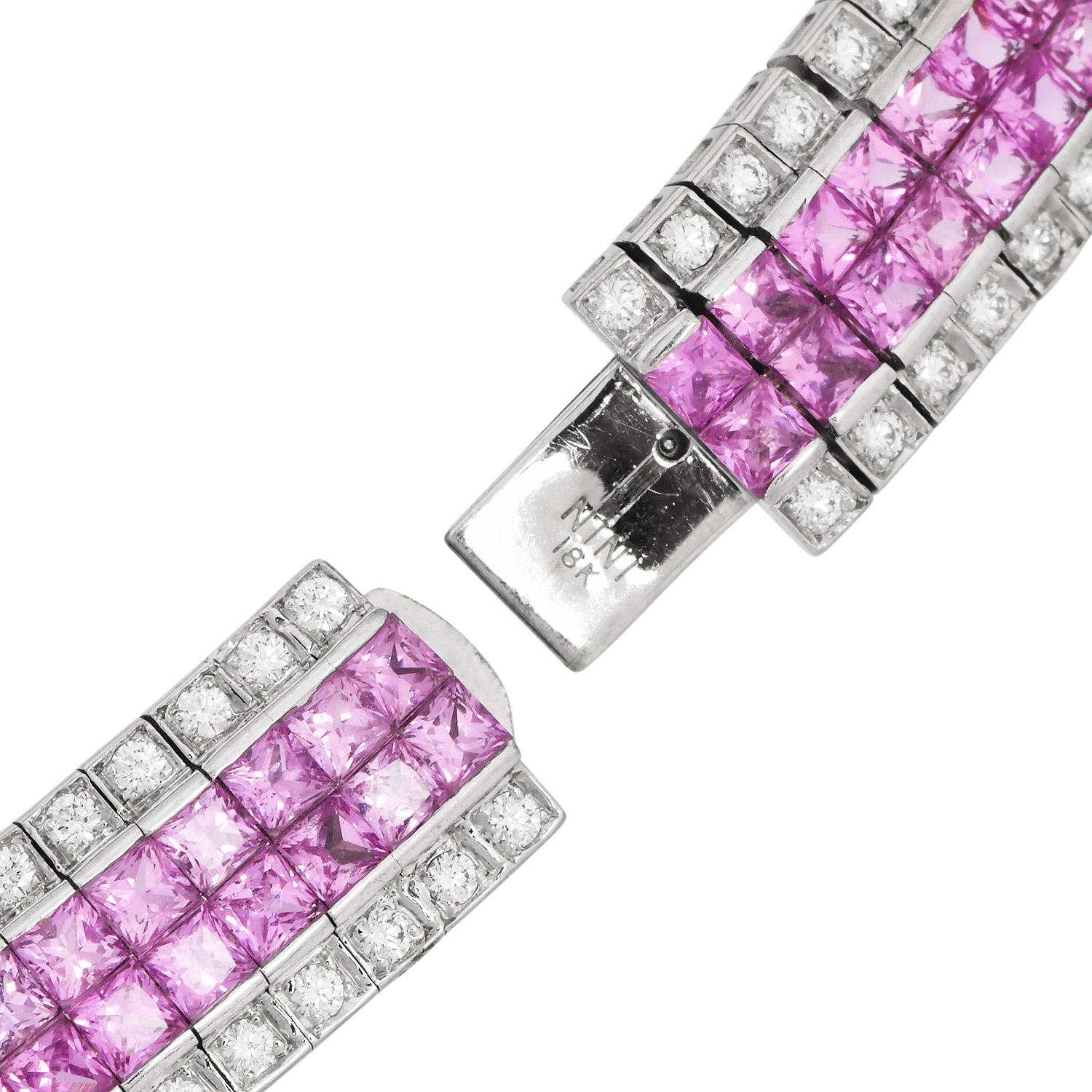 Pink Sapphire & Diamond Invisible-Set  18K Gold Necklace en Excelente estado para la venta en Miami, FL