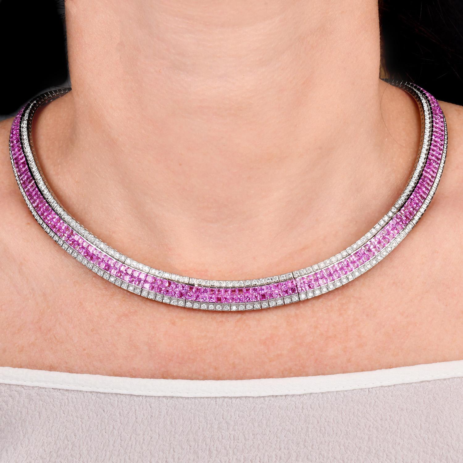 Pink Sapphire & Diamond Invisible-Set  18K Gold Necklace en venta 2